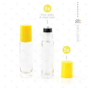 10ml Clear Glass Roller Bottle with Confetti (Yellow) Lid & Premium Stainless Steel Rollerball - 5 pack (NEW STYLE)