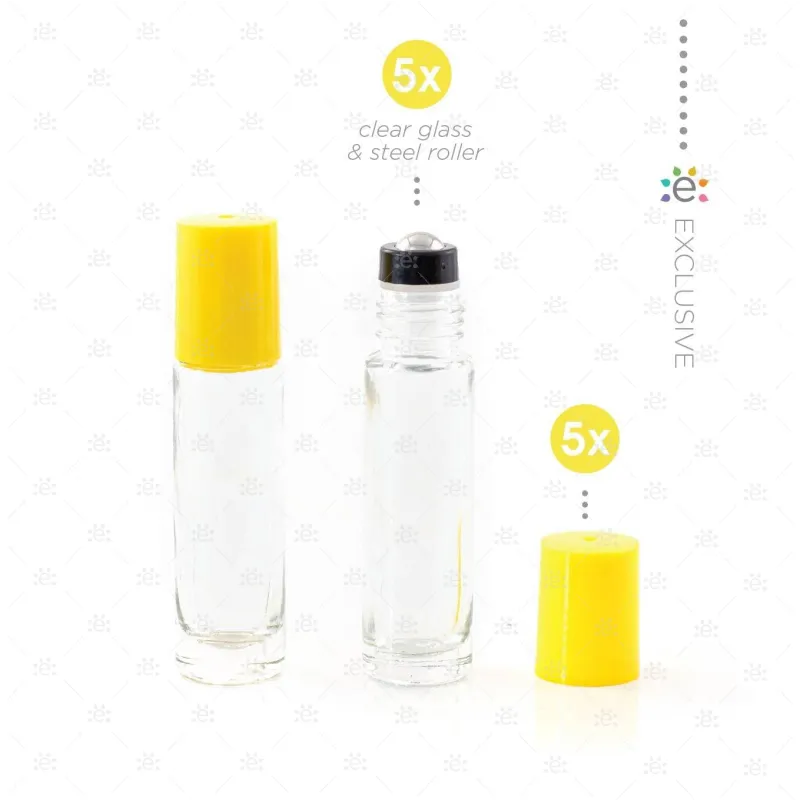 10ml Clear Glass Roller Bottle with Confetti (Yellow) Lid & Premium Stainless Steel Rollerball - 5 pack (NEW STYLE)
