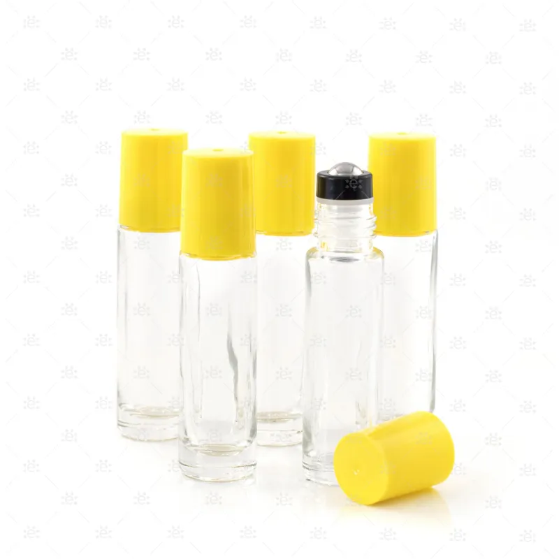 10ml Clear Glass Roller Bottle with Confetti (Yellow) Lid & Premium Stainless Steel Rollerball - 5 pack (NEW STYLE)