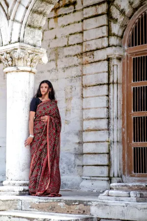 A trsyt with Ajrakh -Jharokha -Triangle Black and Red Chanderi ajrakh saree