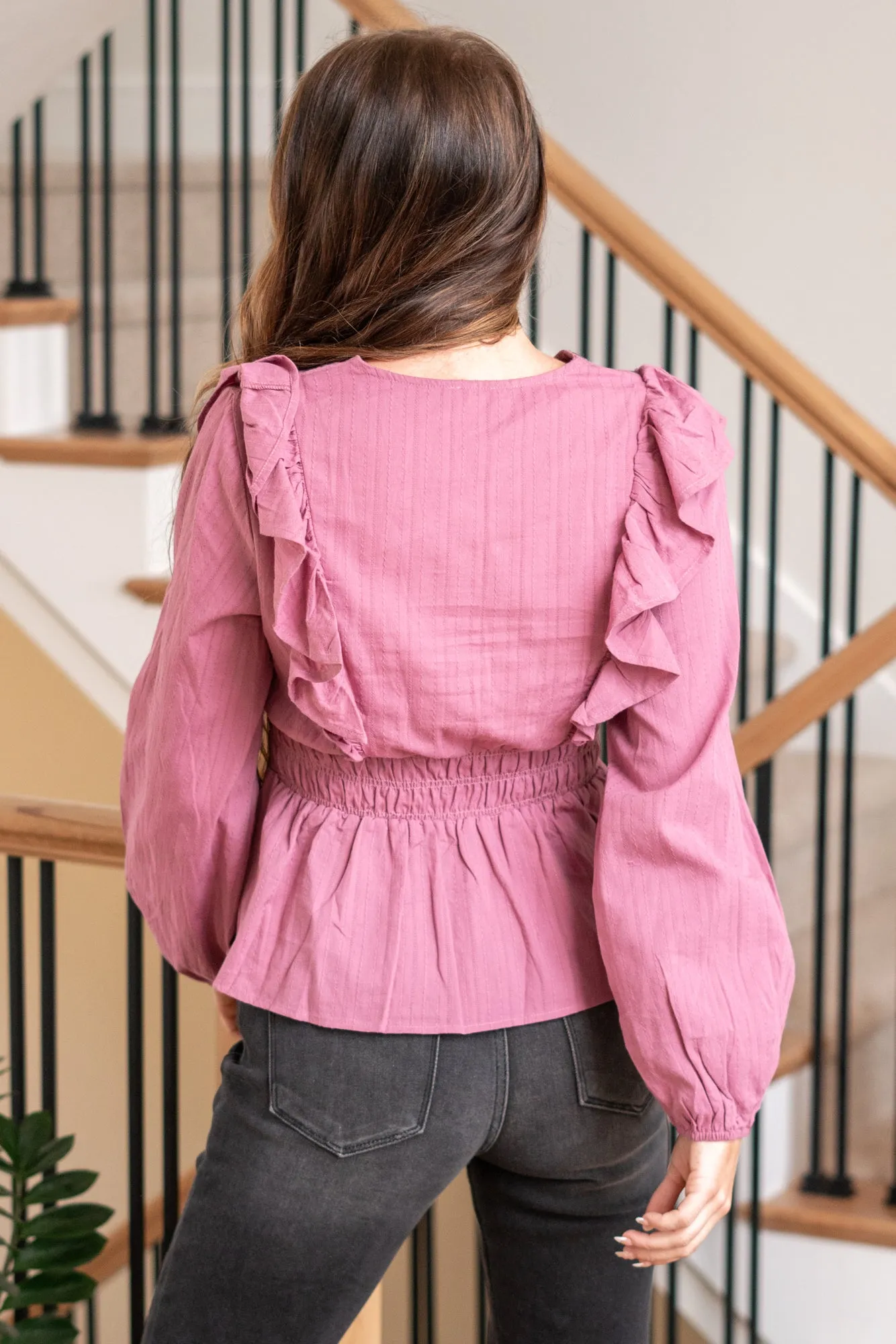 Amanda Embroidered Detail V-Neck Ruffled Frill Smocked Waist Top  - Violet
