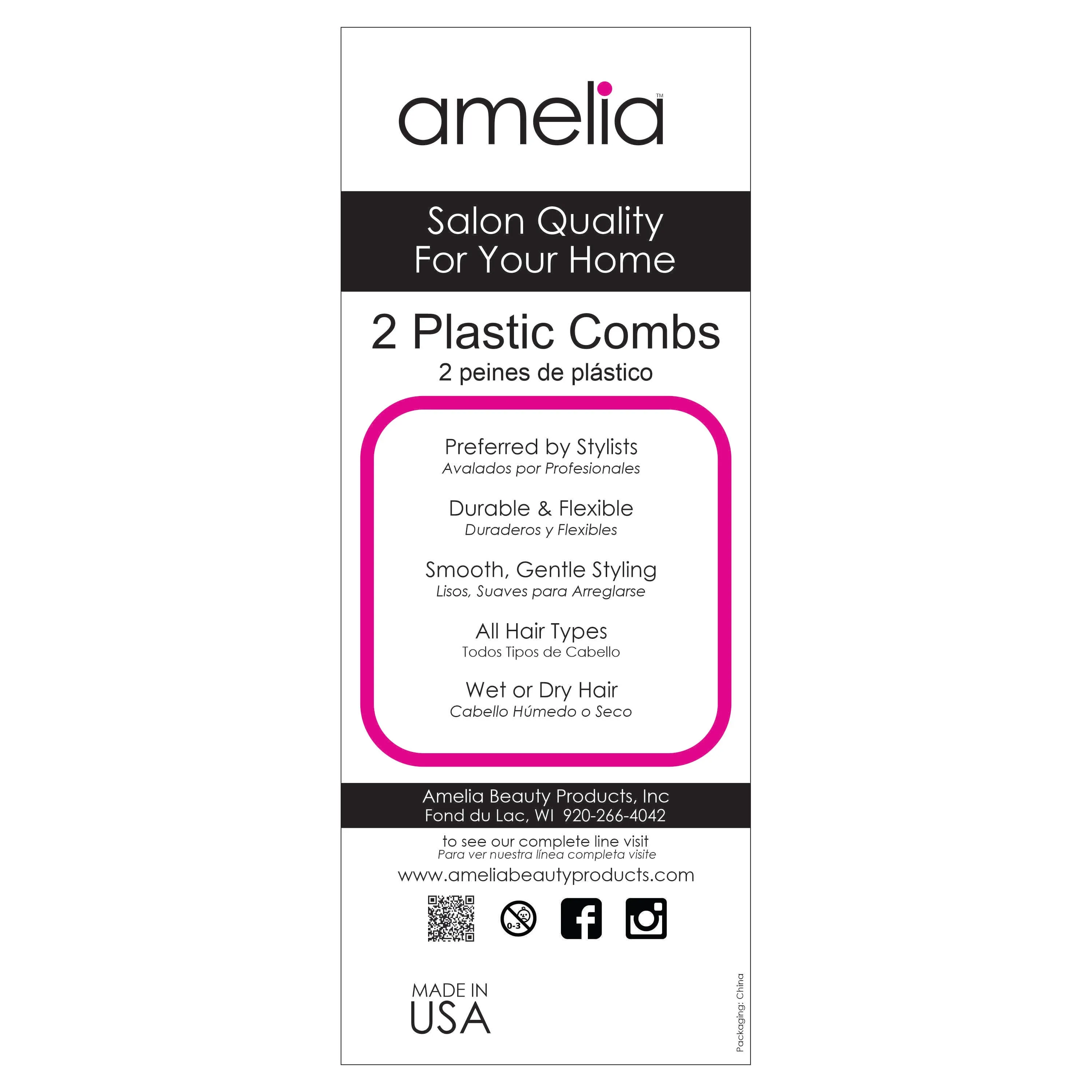 Amelia Beauty, 8in Black Plastic Detangling Wave Comb, Made in USA, Professional Grade Comb,  Portable Salon Barber Shop Black Everyday Styling Rake Comb Hair Styling Tool, 7.5"x 2", 2 Pack