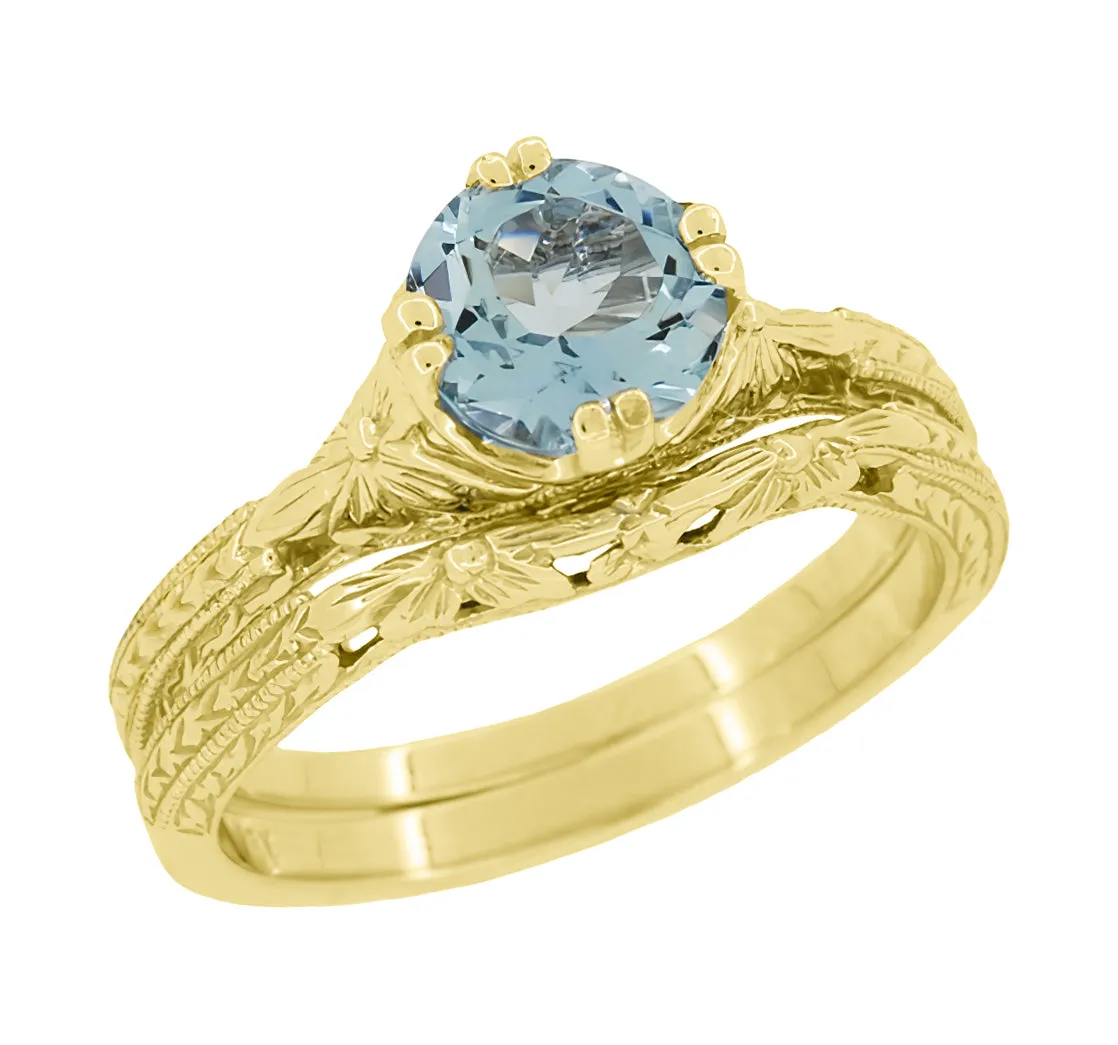 Art Deco Yellow Gold Filigree Flowers & Wheat Engraved Aquamarine Solitaire Engagement Ring