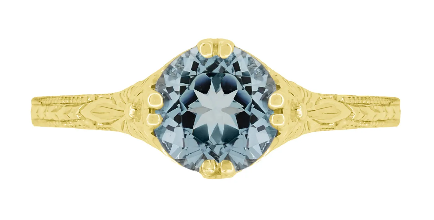 Art Deco Yellow Gold Filigree Flowers & Wheat Engraved Aquamarine Solitaire Engagement Ring