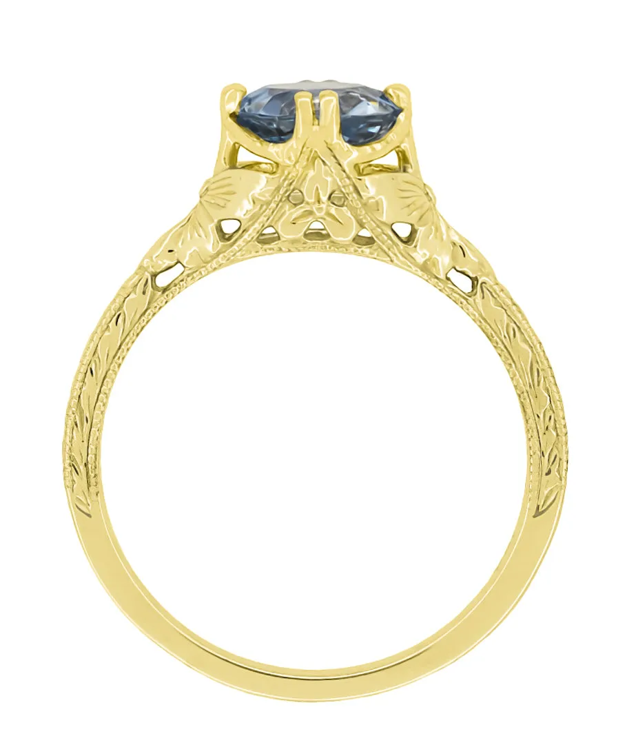 Art Deco Yellow Gold Filigree Flowers & Wheat Engraved Aquamarine Solitaire Engagement Ring