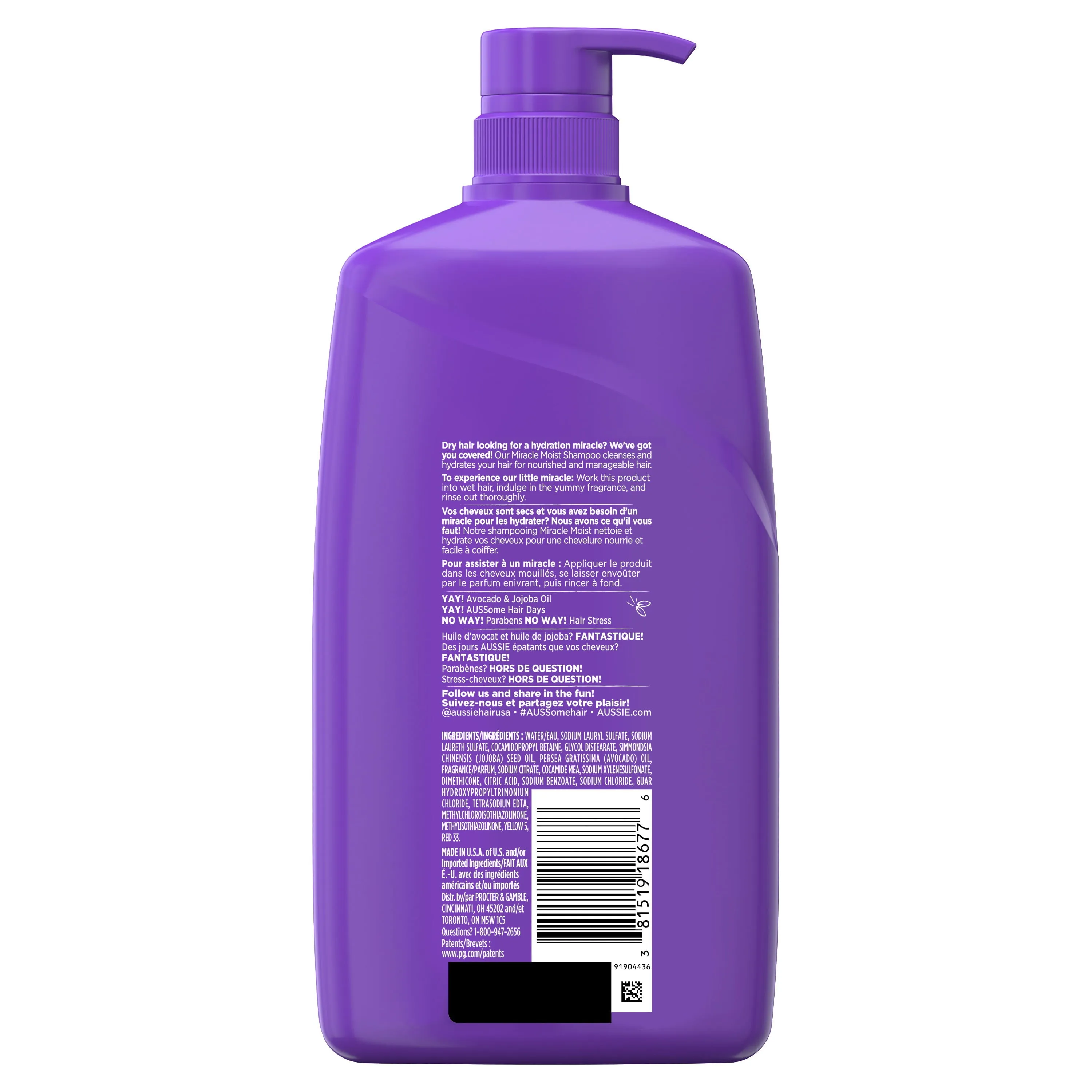 Aussie Miracle Moist Shampoo with Avocado, Paraben Free, 26.2 fl oz
