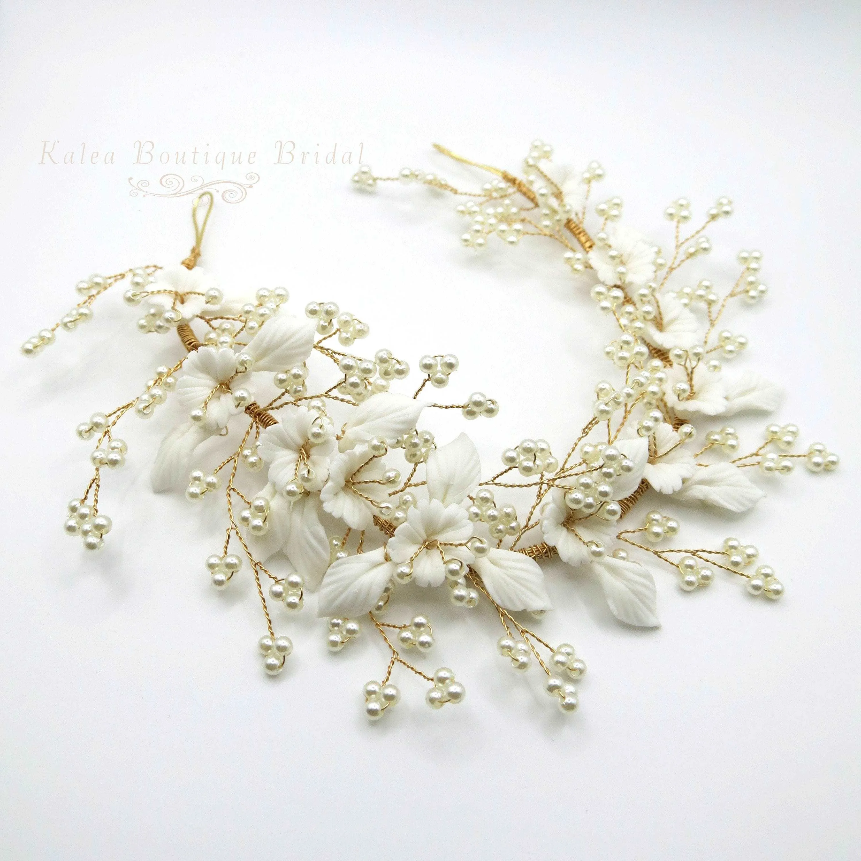 Big Bridal Floral Tiara, Wedding Clay Flower Headband, Ceramic Flower Hairpiece, Gold Wire Hair Wreath, Bridal Flower Branch Pearl Hairpiece