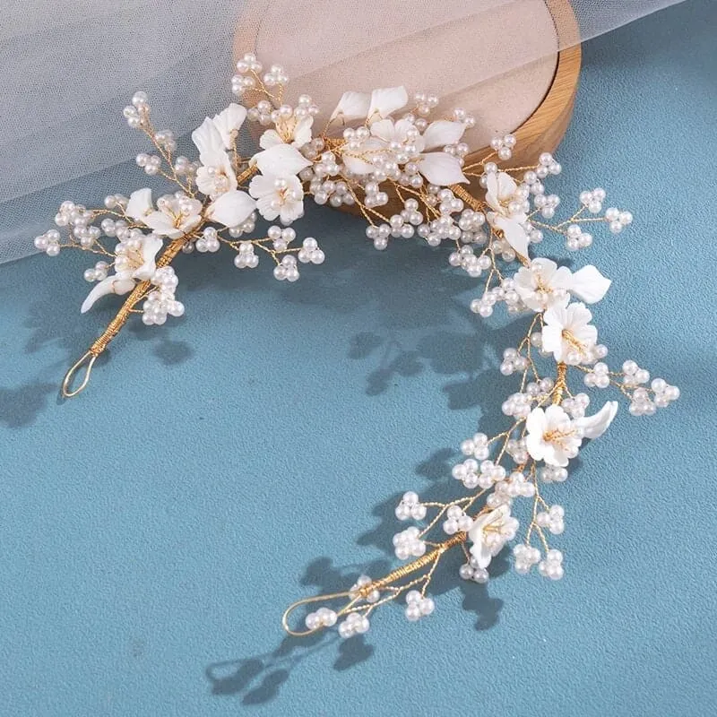 Big Bridal Floral Tiara, Wedding Clay Flower Headband, Ceramic Flower Hairpiece, Gold Wire Hair Wreath, Bridal Flower Branch Pearl Hairpiece