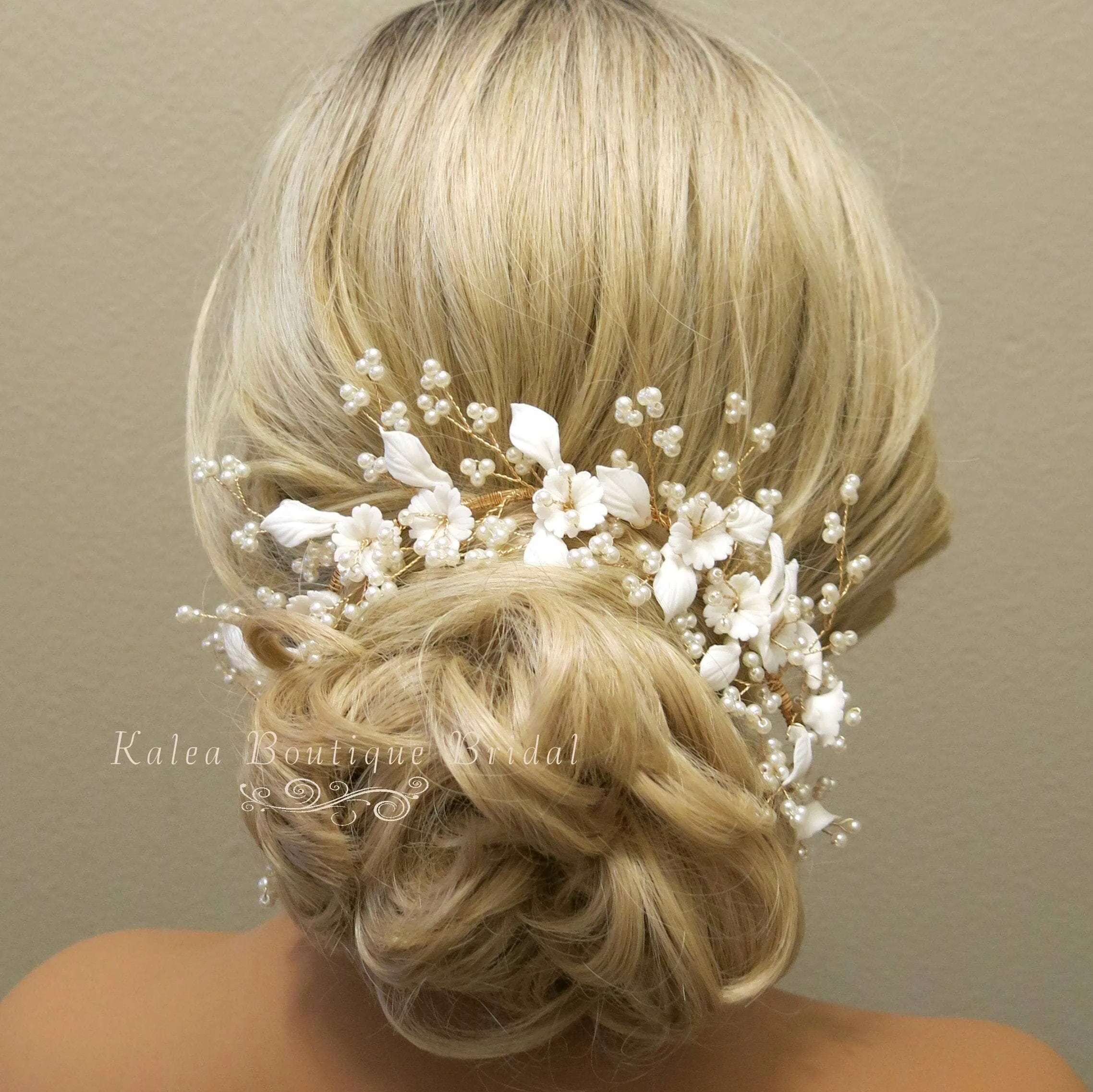 Big Bridal Floral Tiara, Wedding Clay Flower Headband, Ceramic Flower Hairpiece, Gold Wire Hair Wreath, Bridal Flower Branch Pearl Hairpiece