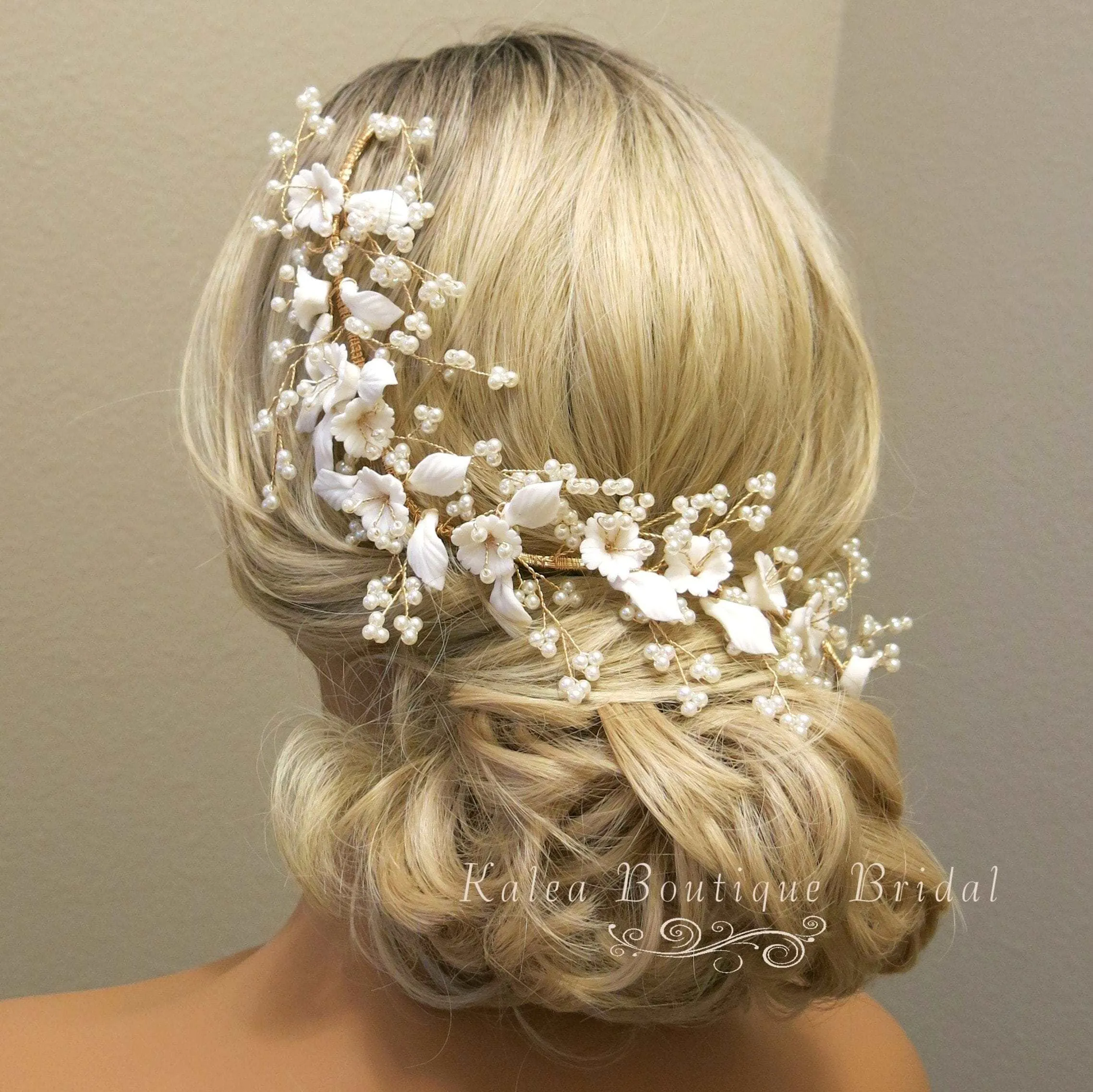 Big Bridal Floral Tiara, Wedding Clay Flower Headband, Ceramic Flower Hairpiece, Gold Wire Hair Wreath, Bridal Flower Branch Pearl Hairpiece