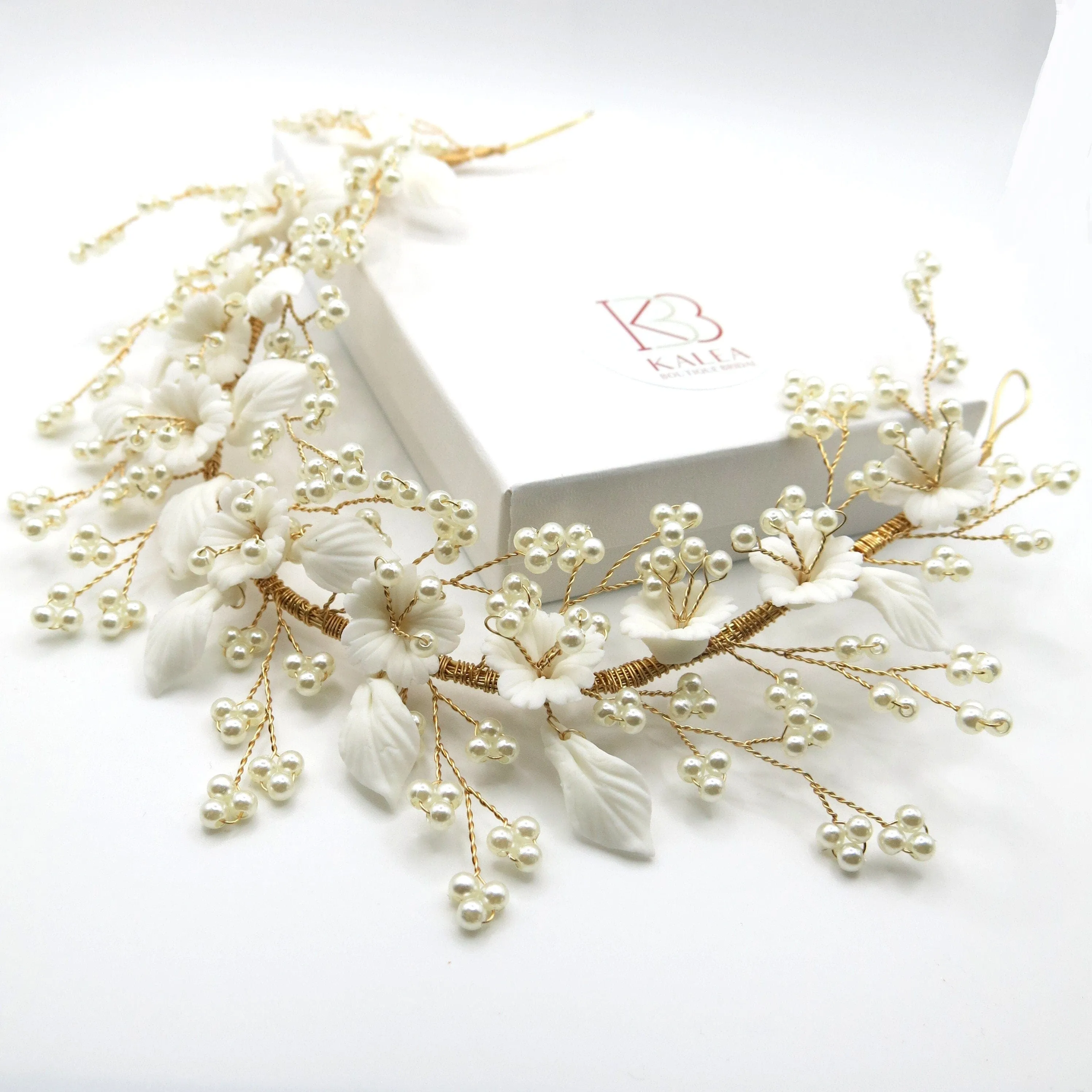 Big Bridal Floral Tiara, Wedding Clay Flower Headband, Ceramic Flower Hairpiece, Gold Wire Hair Wreath, Bridal Flower Branch Pearl Hairpiece