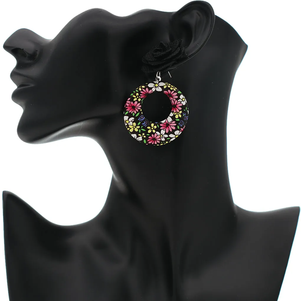 Black Flower Open Circle Earrings