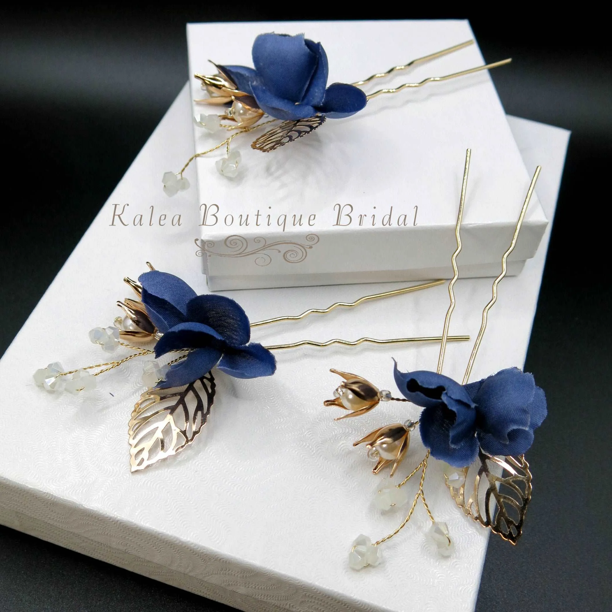 Blue Flowers 3 PC Bridal Hairpin Set, Wedding Blue Silk Flower U-Shape Hair Pins, Bridesmaid Blue Flower Hairpins, Bride Flower Blue Hairpin