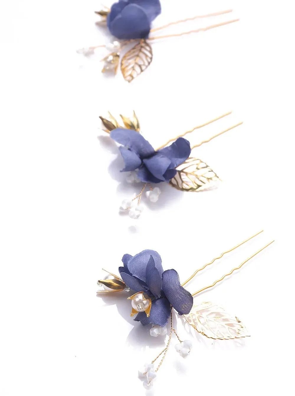Blue Flowers 3 PC Bridal Hairpin Set, Wedding Blue Silk Flower U-Shape Hair Pins, Bridesmaid Blue Flower Hairpins, Bride Flower Blue Hairpin