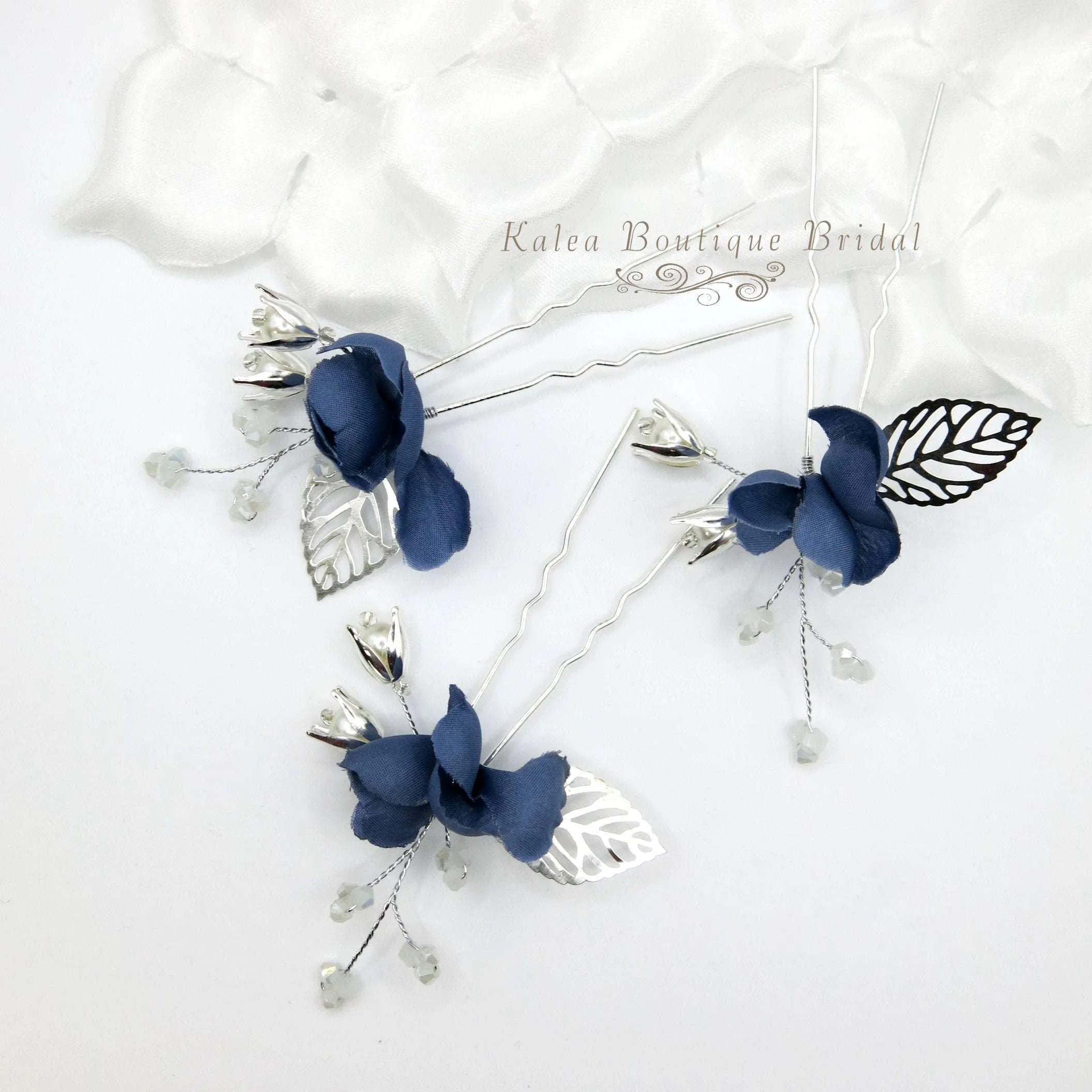 Blue Flowers 3 PC Bridal Hairpin Set, Wedding Blue Silk Flower U-Shape Hair Pins, Bridesmaid Blue Flower Hairpins, Bride Flower Blue Hairpin
