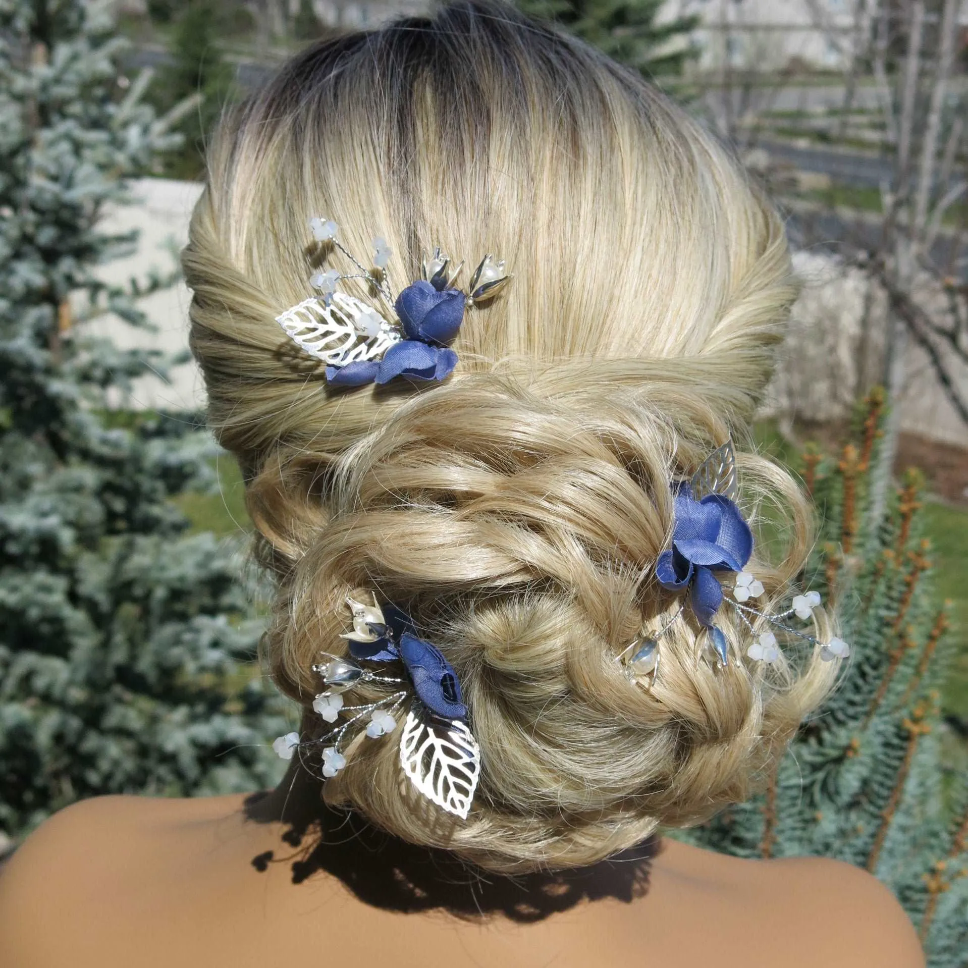 Blue Flowers 3 PC Bridal Hairpin Set, Wedding Blue Silk Flower U-Shape Hair Pins, Bridesmaid Blue Flower Hairpins, Bride Flower Blue Hairpin