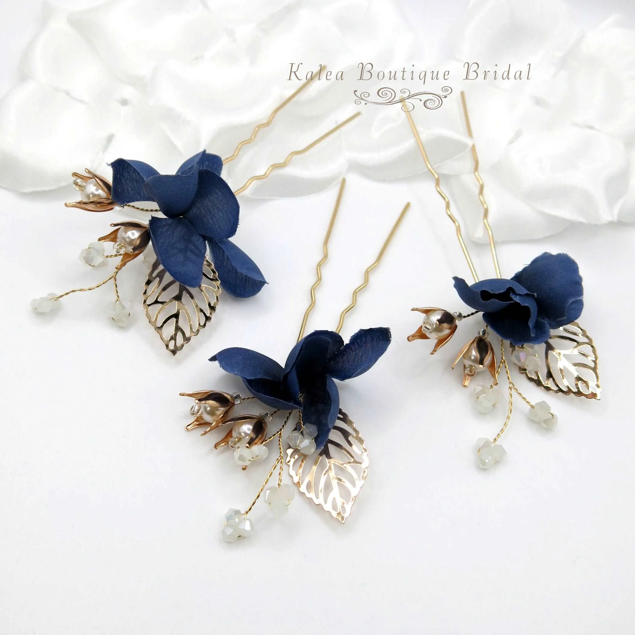 Blue Flowers 3 PC Bridal Hairpin Set, Wedding Blue Silk Flower U-Shape Hair Pins, Bridesmaid Blue Flower Hairpins, Bride Flower Blue Hairpin