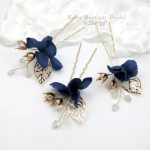Blue Flowers 3 PC Bridal Hairpin Set, Wedding Blue Silk Flower U-Shape Hair Pins, Bridesmaid Blue Flower Hairpins, Bride Flower Blue Hairpin