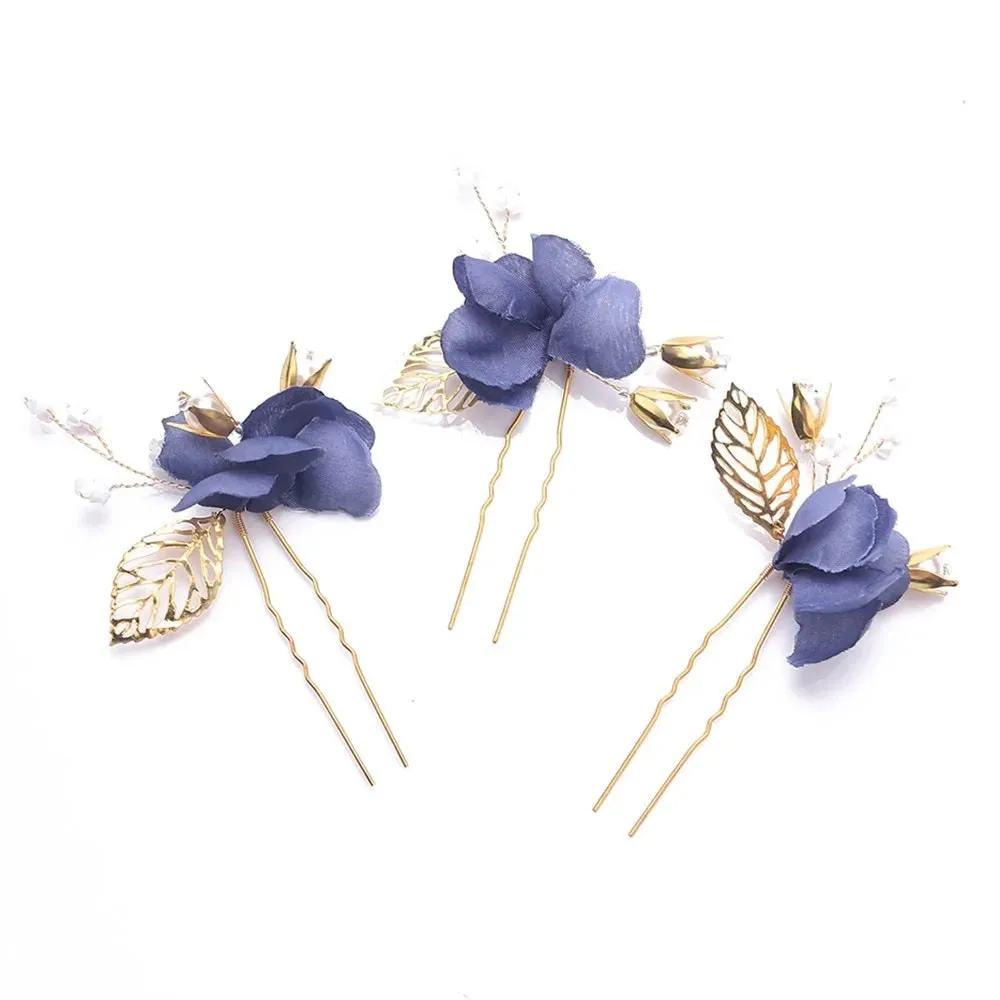Blue Flowers 3 PC Bridal Hairpin Set, Wedding Blue Silk Flower U-Shape Hair Pins, Bridesmaid Blue Flower Hairpins, Bride Flower Blue Hairpin
