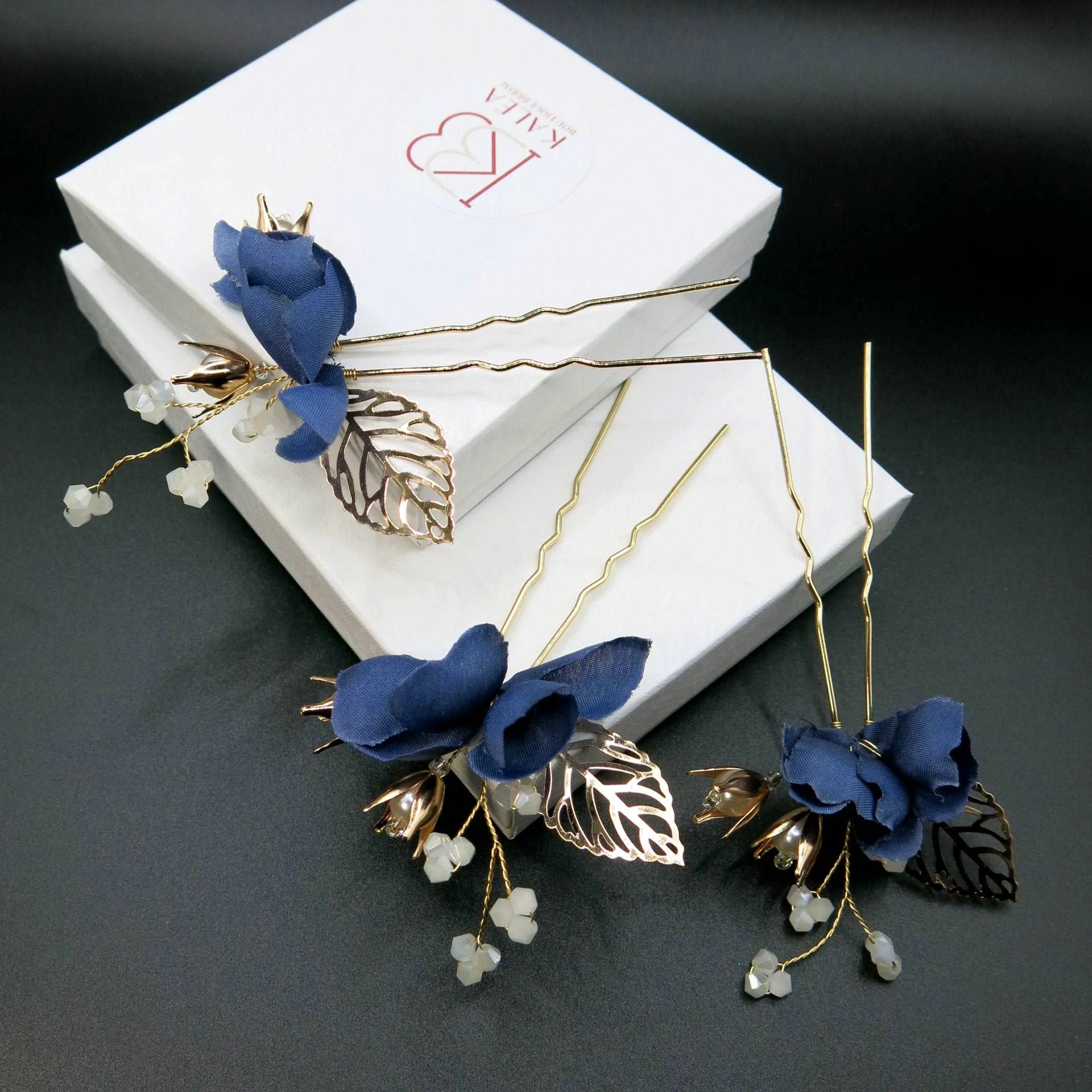 Blue Flowers 3 PC Bridal Hairpin Set, Wedding Blue Silk Flower U-Shape Hair Pins, Bridesmaid Blue Flower Hairpins, Bride Flower Blue Hairpin