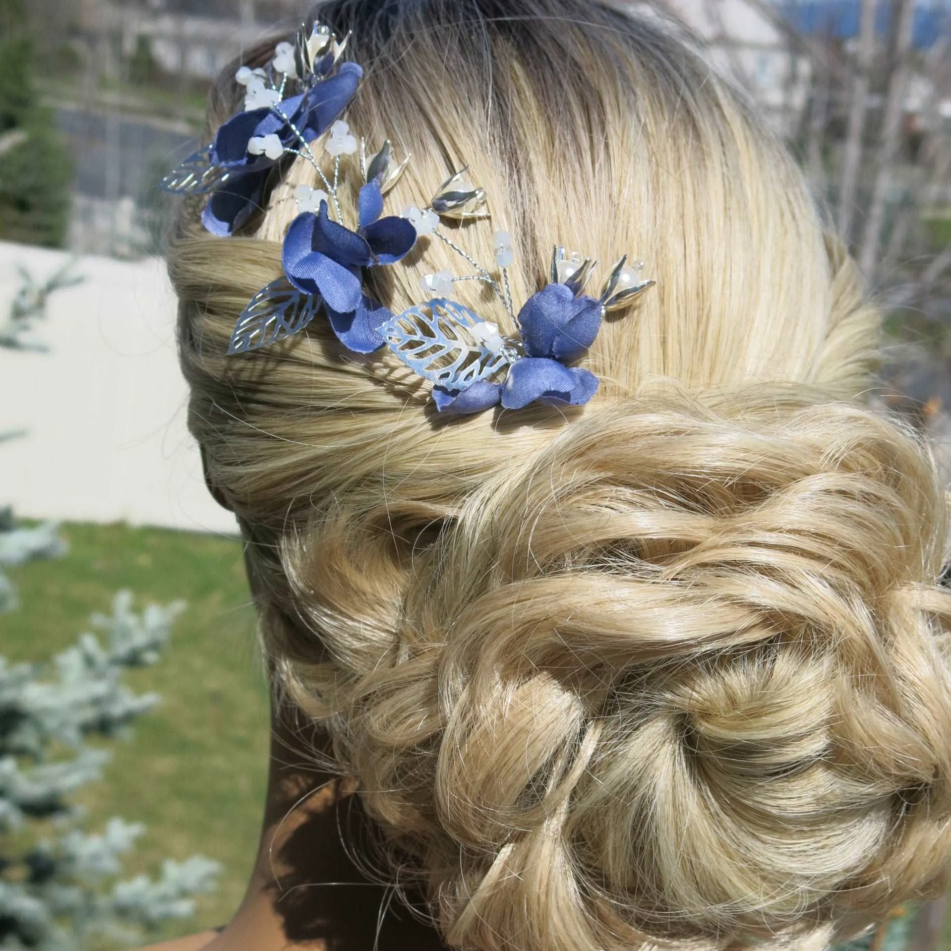 Blue Flowers 3 PC Bridal Hairpin Set, Wedding Blue Silk Flower U-Shape Hair Pins, Bridesmaid Blue Flower Hairpins, Bride Flower Blue Hairpin