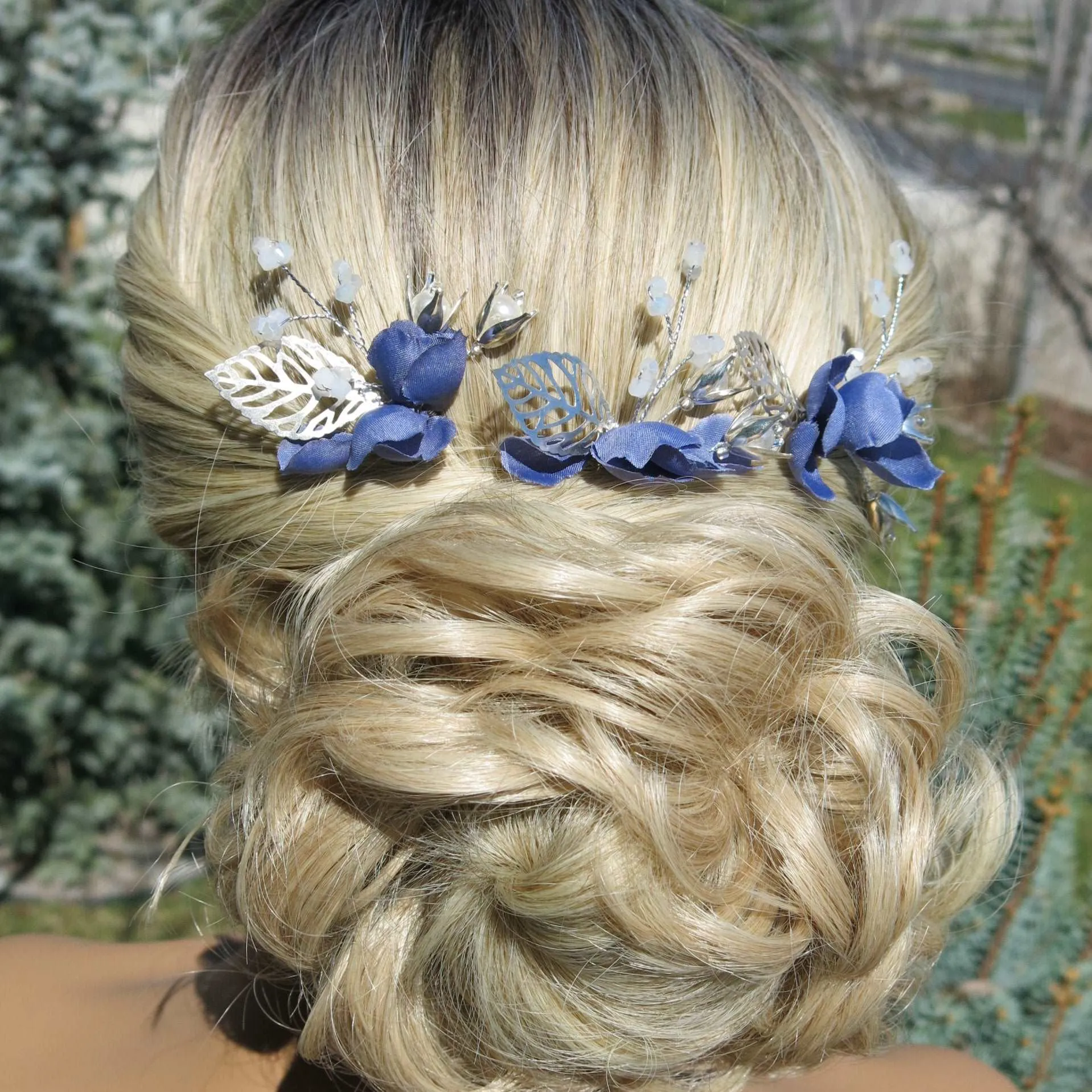 Blue Flowers 3 PC Bridal Hairpin Set, Wedding Blue Silk Flower U-Shape Hair Pins, Bridesmaid Blue Flower Hairpins, Bride Flower Blue Hairpin