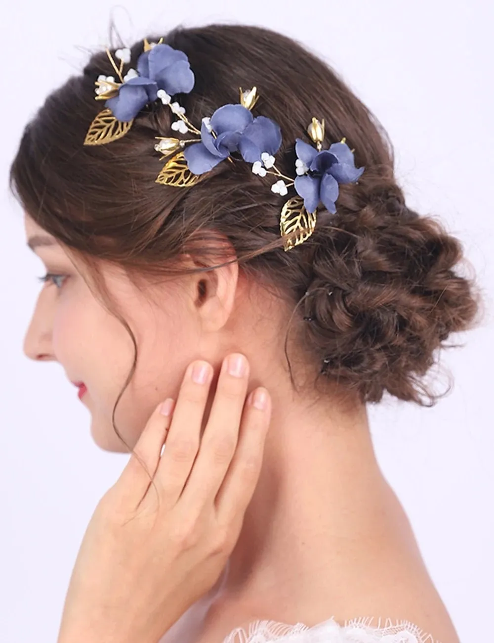 Blue Flowers 3 PC Bridal Hairpin Set, Wedding Blue Silk Flower U-Shape Hair Pins, Bridesmaid Blue Flower Hairpins, Bride Flower Blue Hairpin