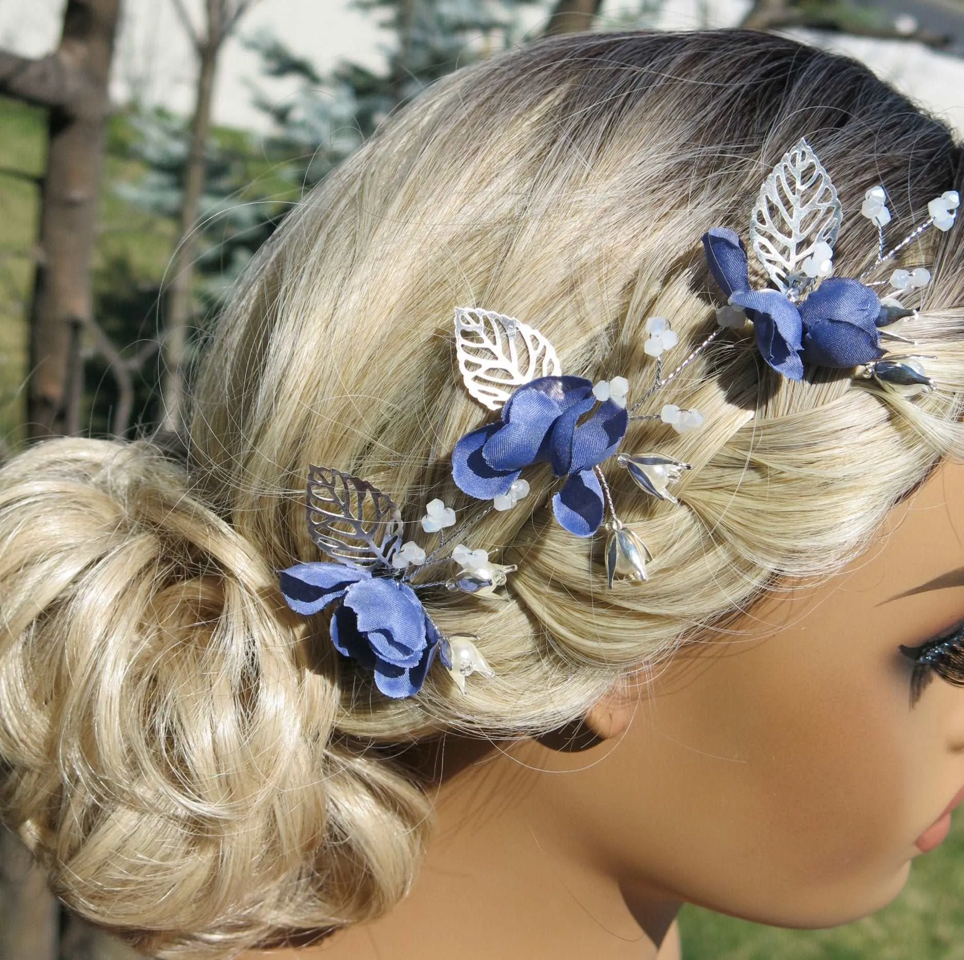 Blue Flowers 3 PC Bridal Hairpin Set, Wedding Blue Silk Flower U-Shape Hair Pins, Bridesmaid Blue Flower Hairpins, Bride Flower Blue Hairpin