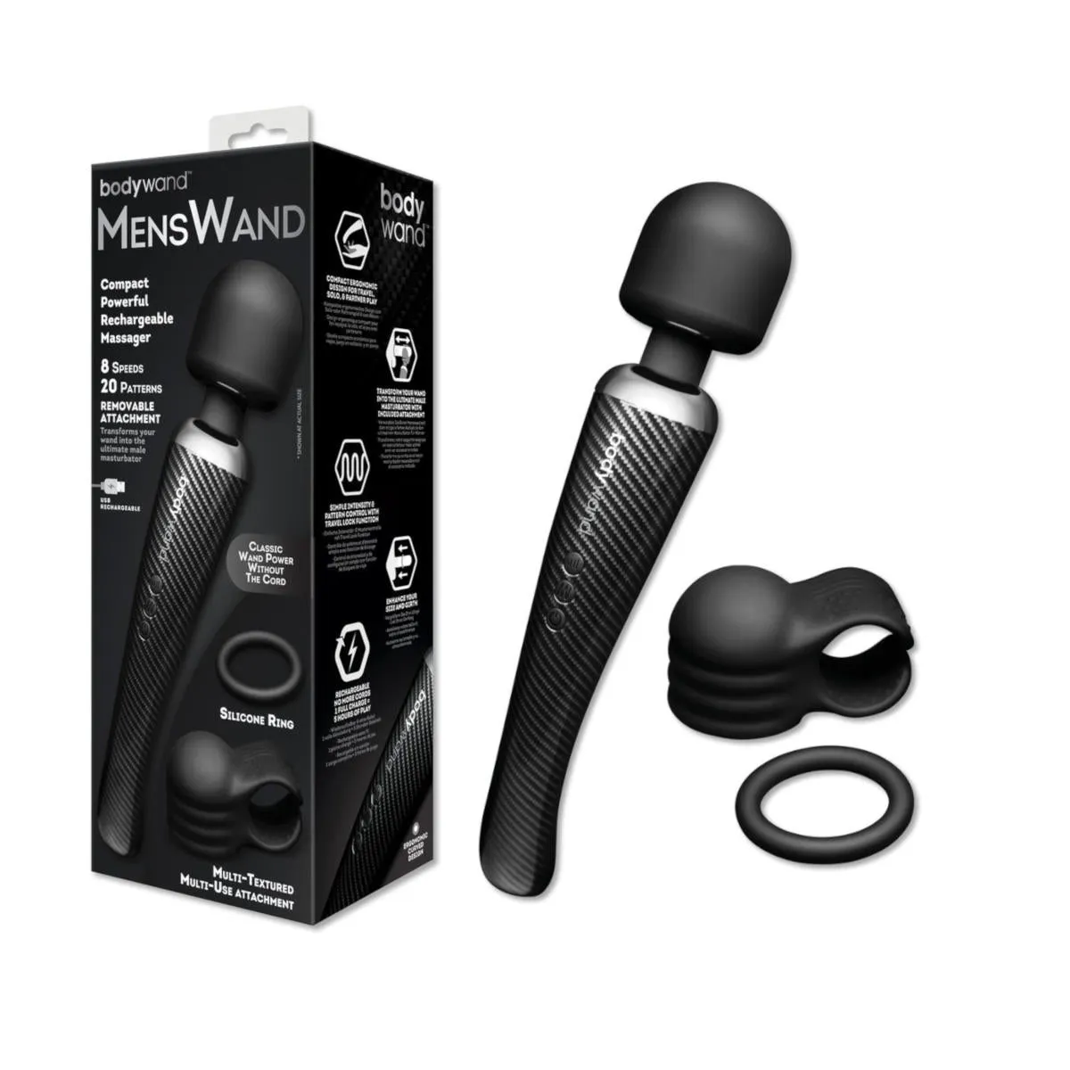 Bodywand – Mens Rechargeable Wand with Accessories - Black