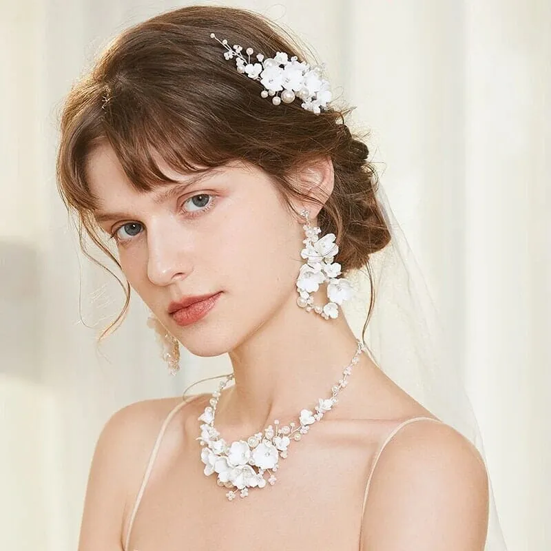 Bouquet Ceramic Flower Hair Comb, Bridal White Flower Bridal Hairpiece, Wedding Porcelain Floral Head Piece, Bridesmaid Necklace or Earrings