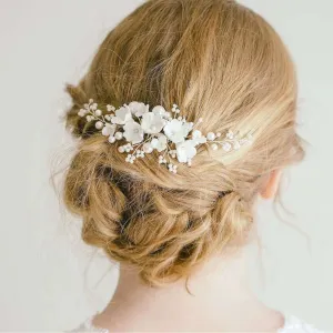 Bouquet Ceramic Flower Hair Comb, Bridal White Flower Bridal Hairpiece, Wedding Porcelain Floral Head Piece, Bridesmaid Necklace or Earrings