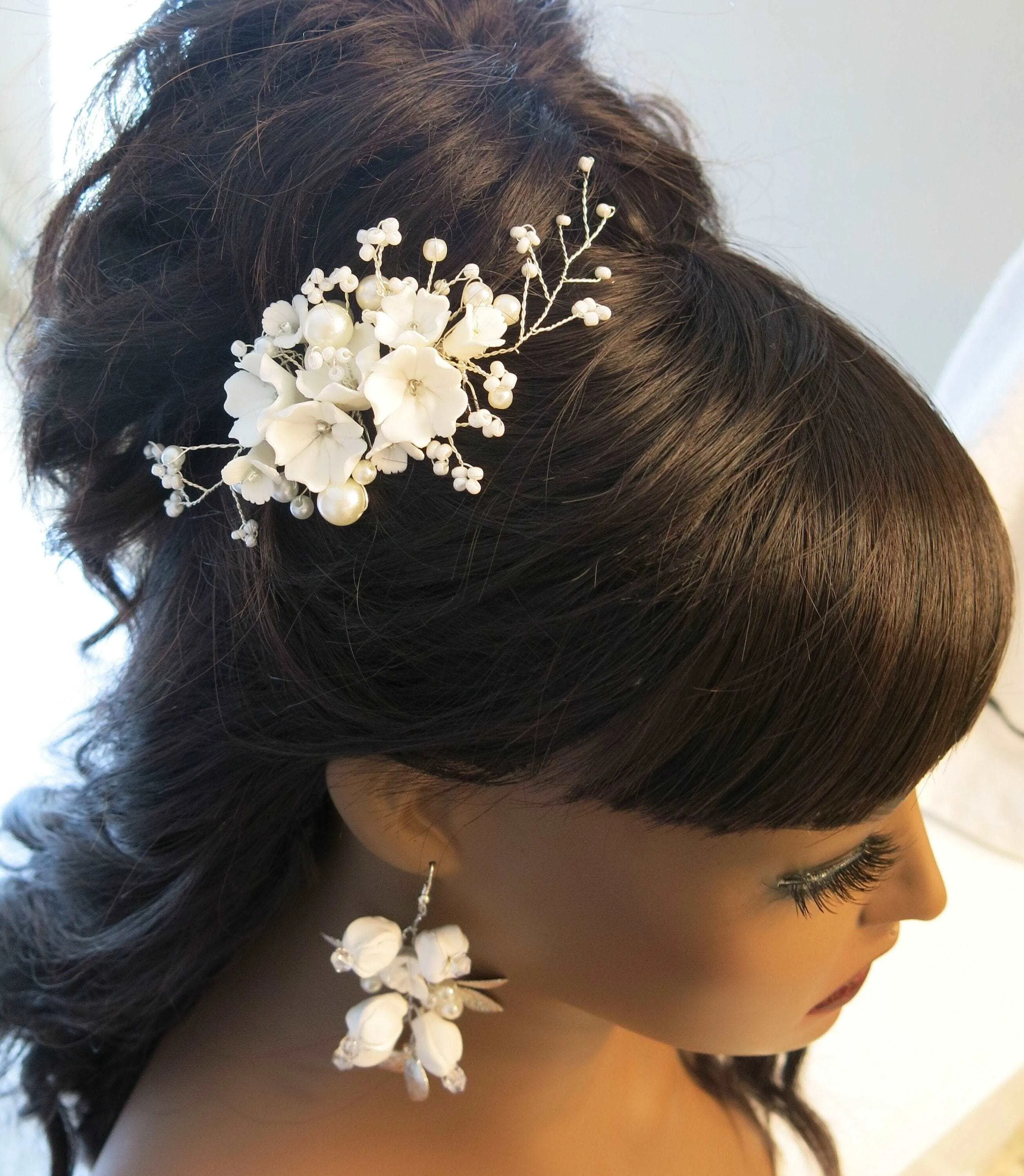 Bouquet Ceramic Flower Hair Comb, Bridal White Flower Bridal Hairpiece, Wedding Porcelain Floral Head Piece, Bridesmaid Necklace or Earrings