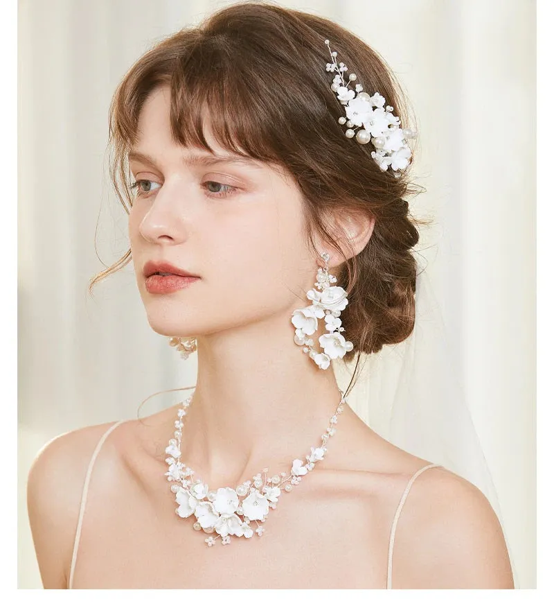 Bouquet Ceramic Flower Hair Comb, Bridal White Flower Bridal Hairpiece, Wedding Porcelain Floral Head Piece, Bridesmaid Necklace or Earrings