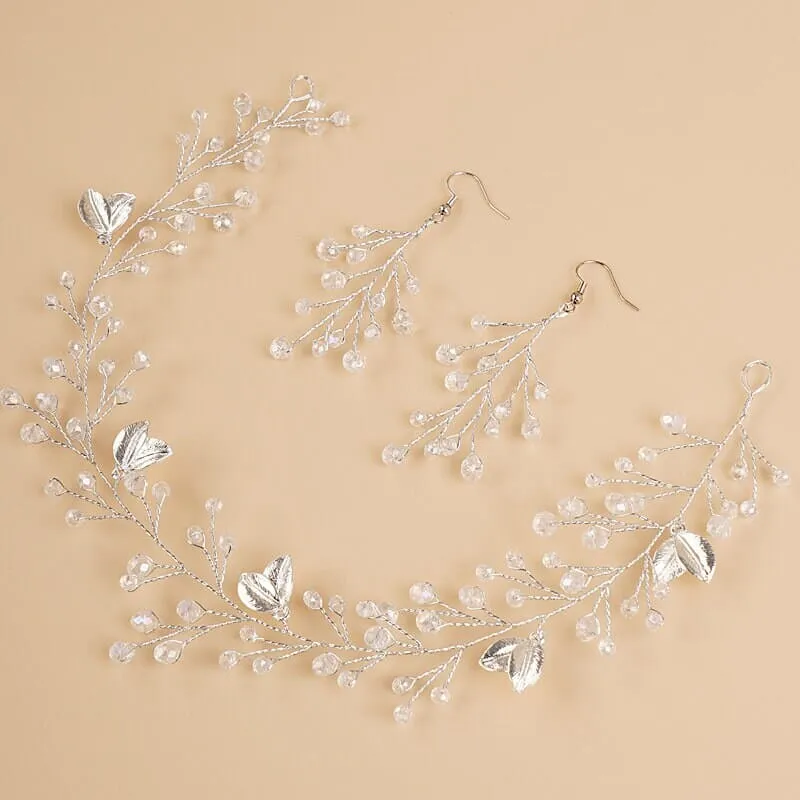 Bridal Crystal Hair Vine and Earrings 3 PC Set, Wedding Head Wreath Wire Tiara, Bridesmaid Headband and Earrings Set