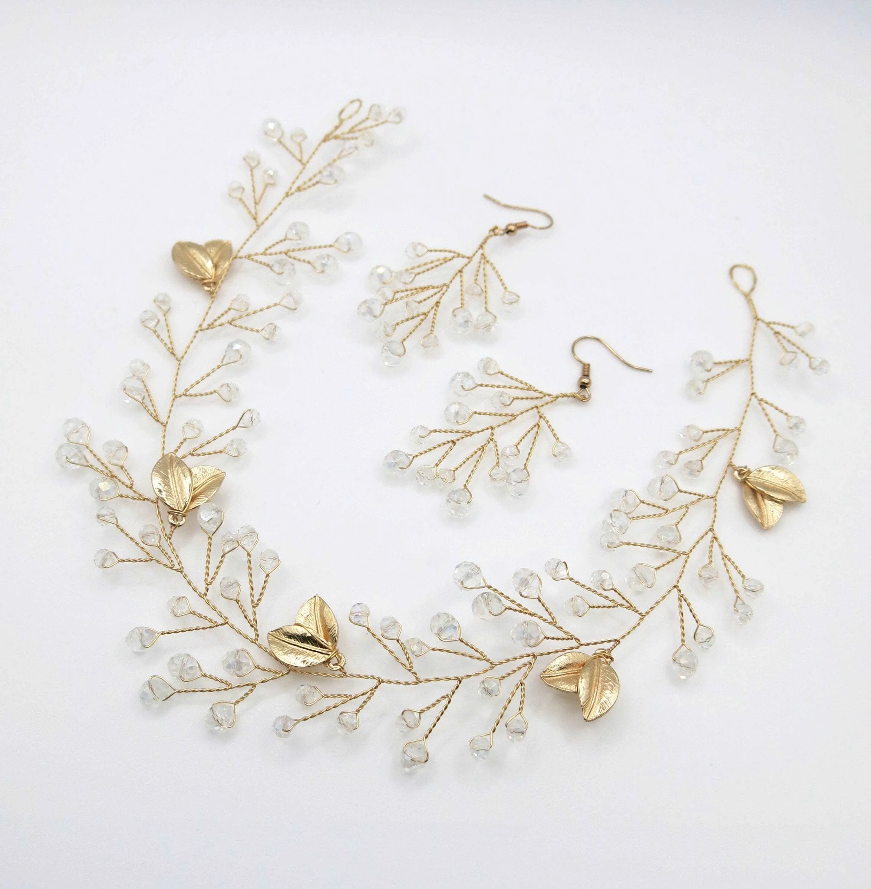 Bridal Crystal Hair Vine and Earrings 3 PC Set, Wedding Head Wreath Wire Tiara, Bridesmaid Headband and Earrings Set