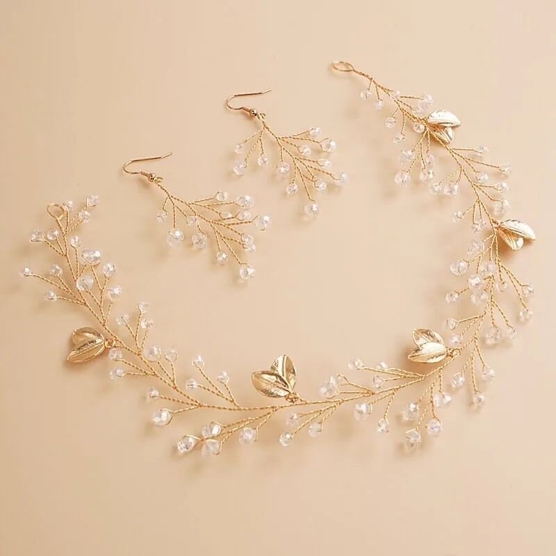 Bridal Crystal Hair Vine and Earrings 3 PC Set, Wedding Head Wreath Wire Tiara, Bridesmaid Headband and Earrings Set