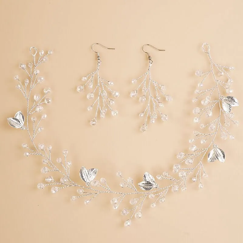 Bridal Crystal Hair Vine and Earrings 3 PC Set, Wedding Head Wreath Wire Tiara, Bridesmaid Headband and Earrings Set