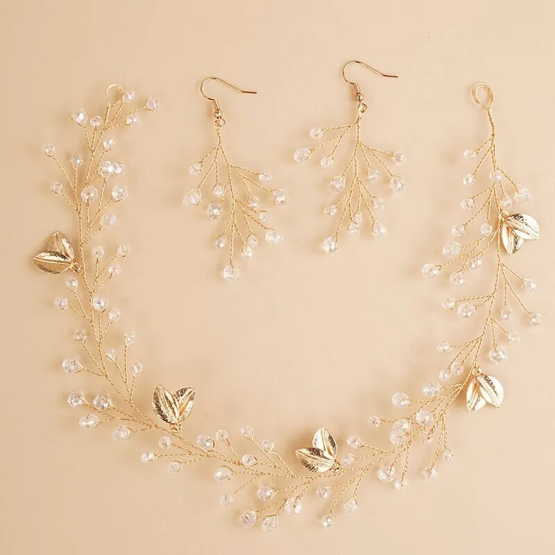 Bridal Crystal Hair Vine and Earrings 3 PC Set, Wedding Head Wreath Wire Tiara, Bridesmaid Headband and Earrings Set