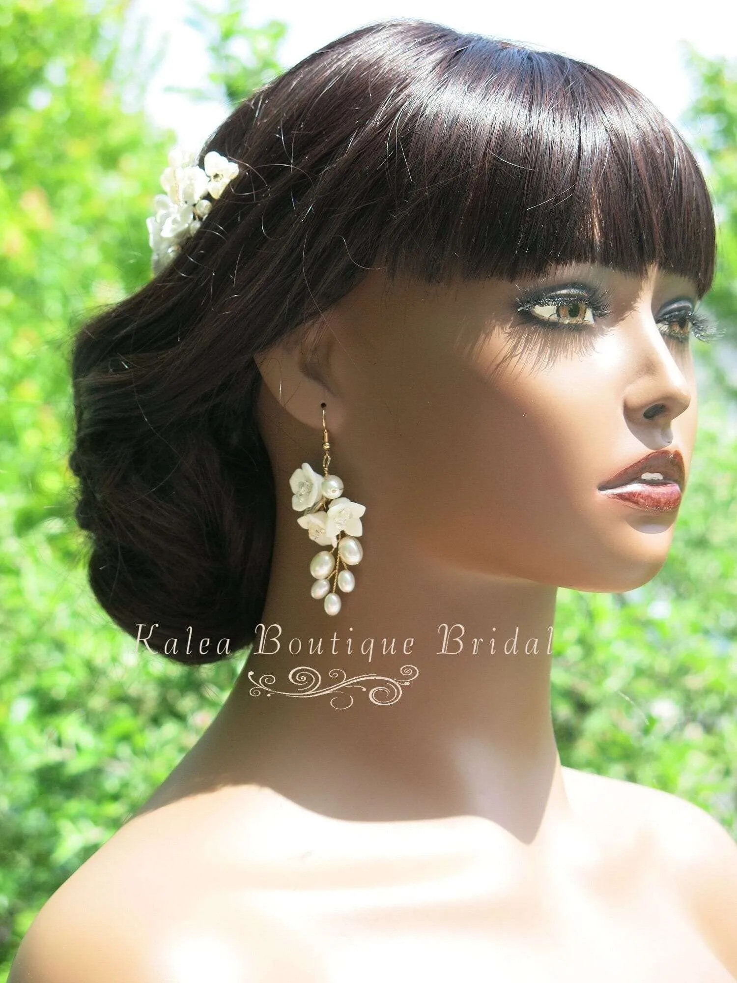 Bridal Porcelain Ceramic Floral Hairpiece, White Flower Bridal Pearl Hair Comb, Boho Wedding Floral Headpiece or Floral Pearl Earrings