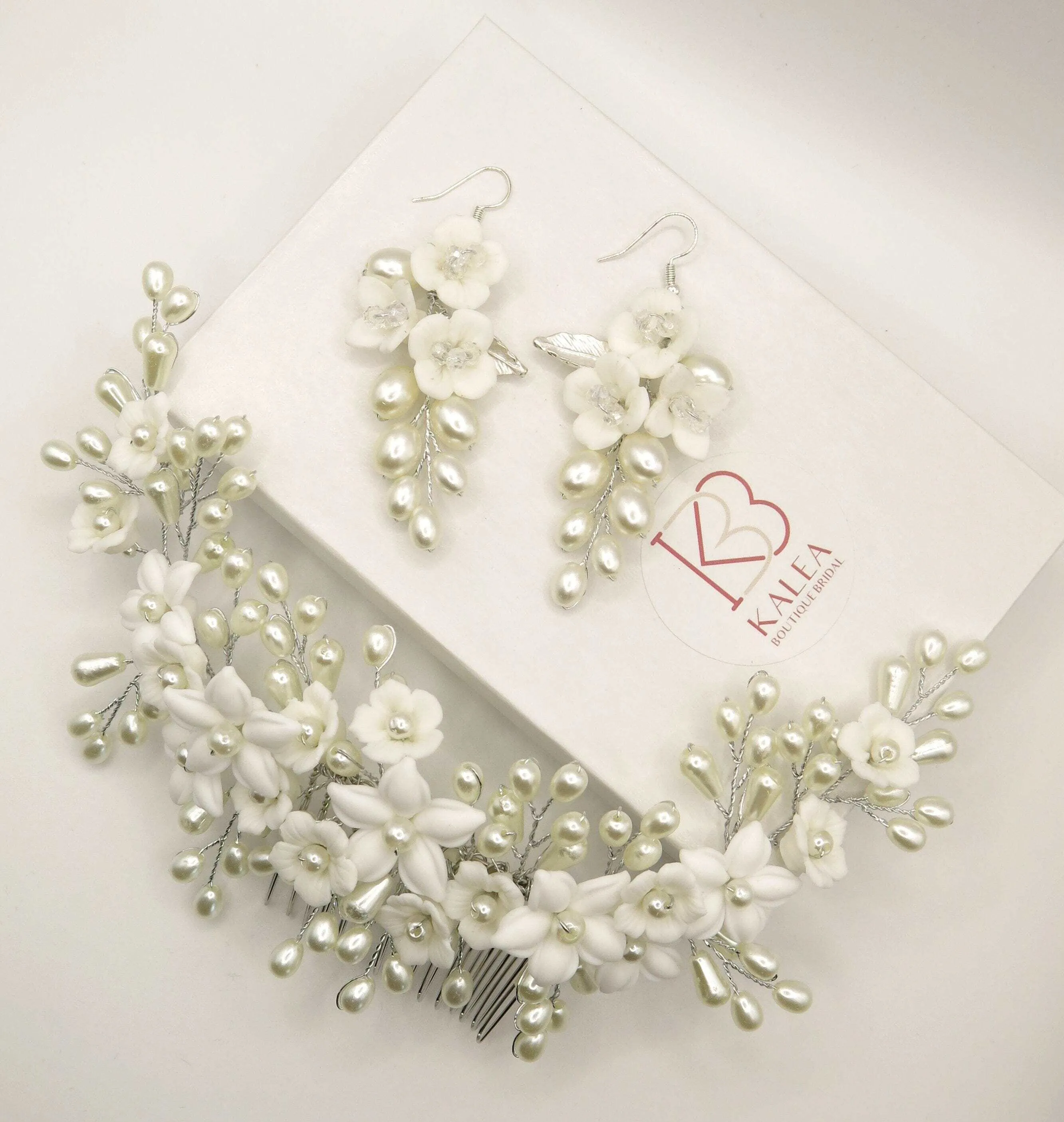 Bridal Porcelain Ceramic Floral Hairpiece, White Flower Bridal Pearl Hair Comb, Boho Wedding Floral Headpiece or Floral Pearl Earrings