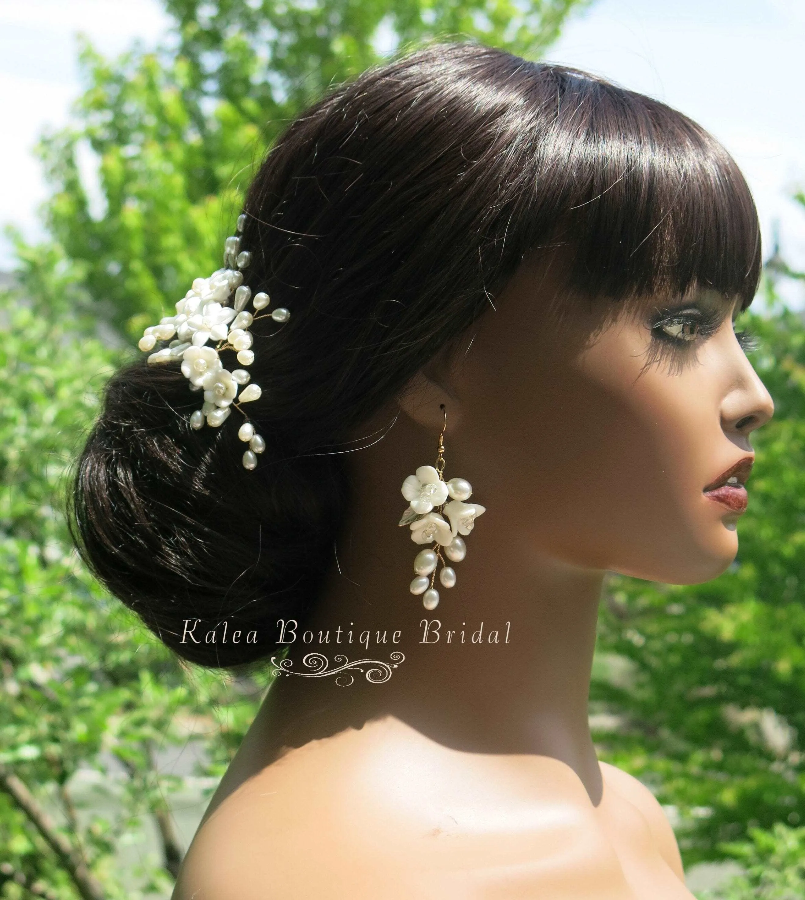 Bridal Porcelain Ceramic Floral Hairpiece, White Flower Bridal Pearl Hair Comb, Boho Wedding Floral Headpiece or Floral Pearl Earrings