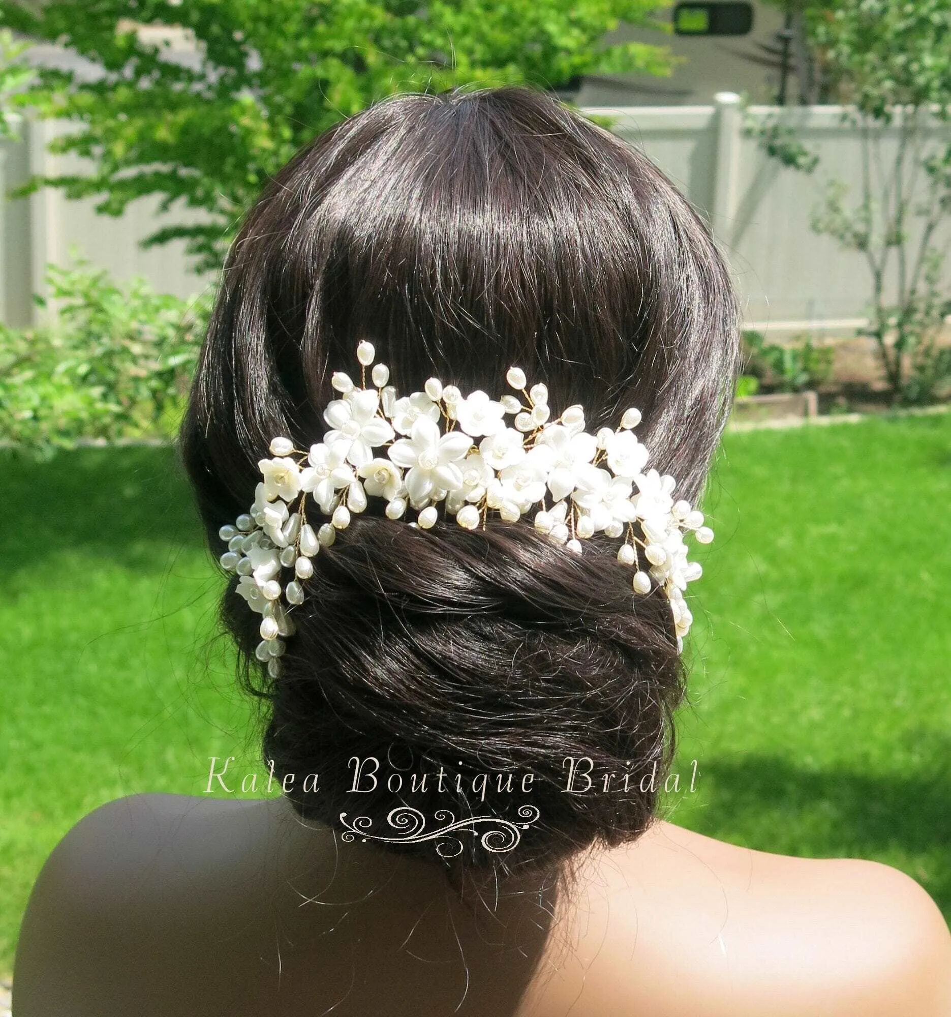Bridal Porcelain Ceramic Floral Hairpiece, White Flower Bridal Pearl Hair Comb, Boho Wedding Floral Headpiece or Floral Pearl Earrings