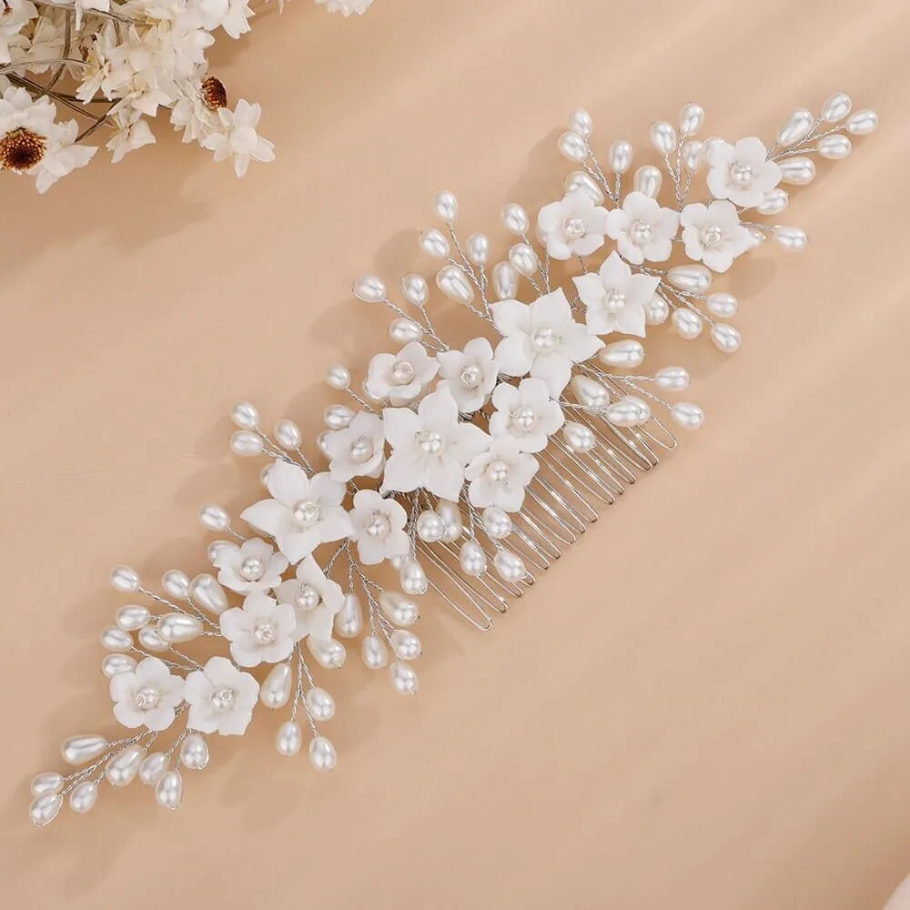 Bridal Porcelain Ceramic Floral Hairpiece, White Flower Bridal Pearl Hair Comb, Boho Wedding Floral Headpiece or Floral Pearl Earrings
