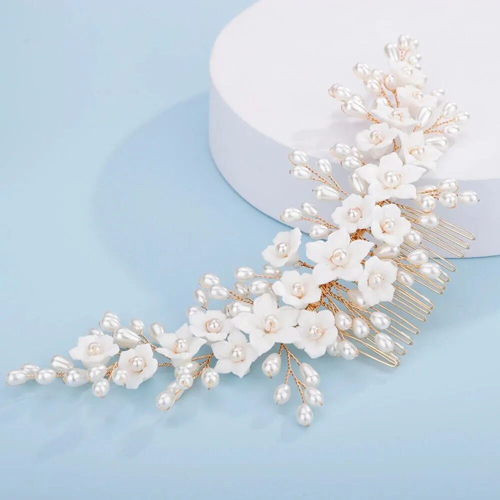 Bridal Porcelain Ceramic Floral Hairpiece, White Flower Bridal Pearl Hair Comb, Boho Wedding Floral Headpiece or Floral Pearl Earrings