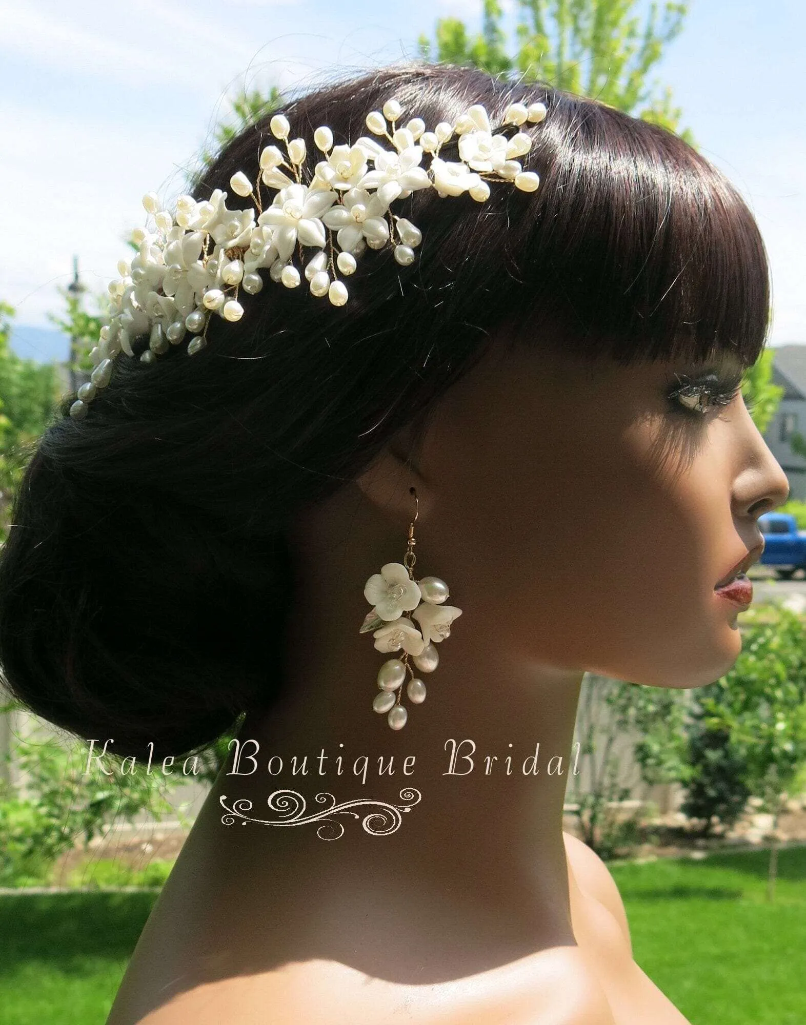 Bridal Porcelain Ceramic Floral Hairpiece, White Flower Bridal Pearl Hair Comb, Boho Wedding Floral Headpiece or Floral Pearl Earrings