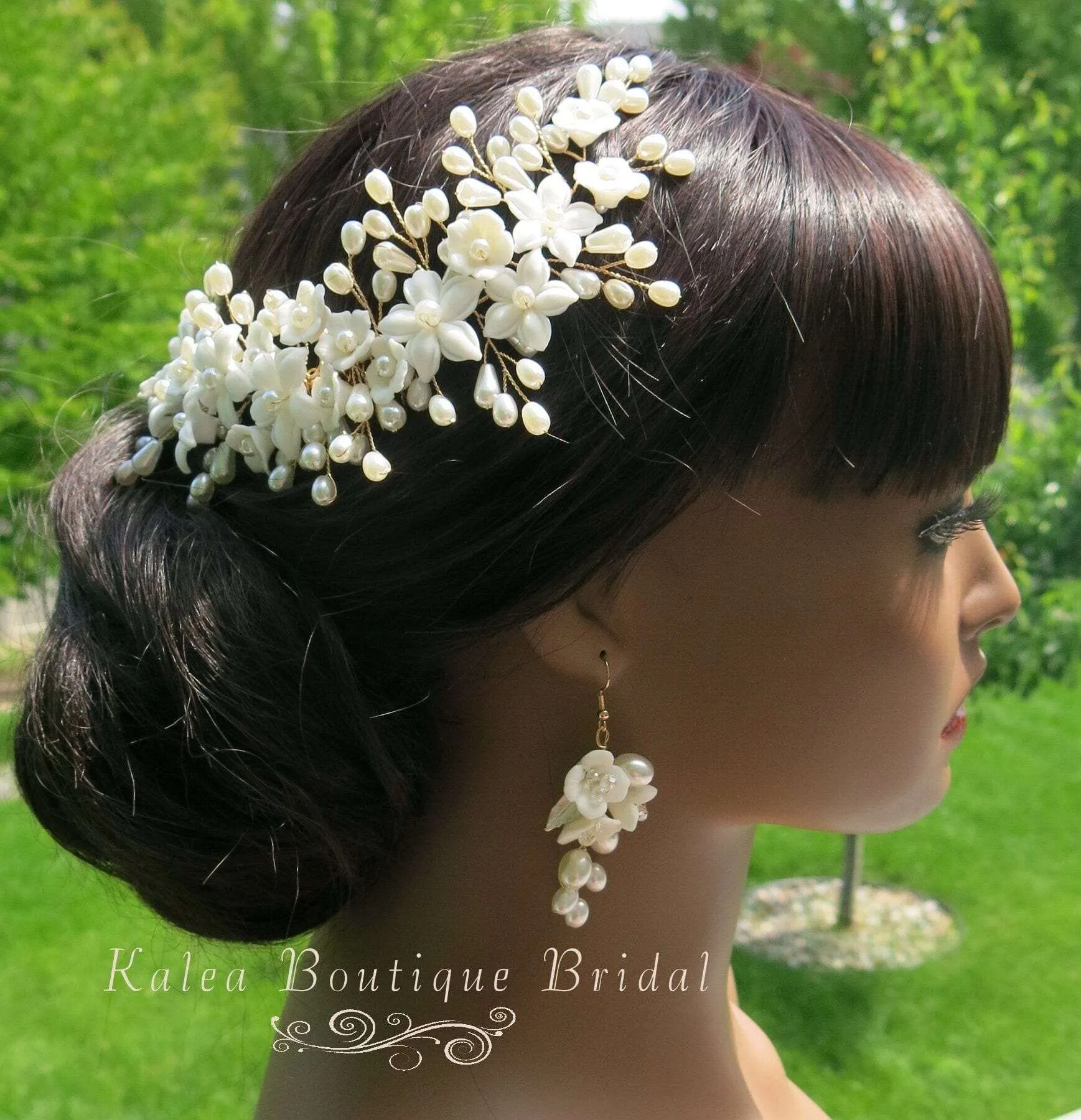 Bridal Porcelain Ceramic Floral Hairpiece, White Flower Bridal Pearl Hair Comb, Boho Wedding Floral Headpiece or Floral Pearl Earrings