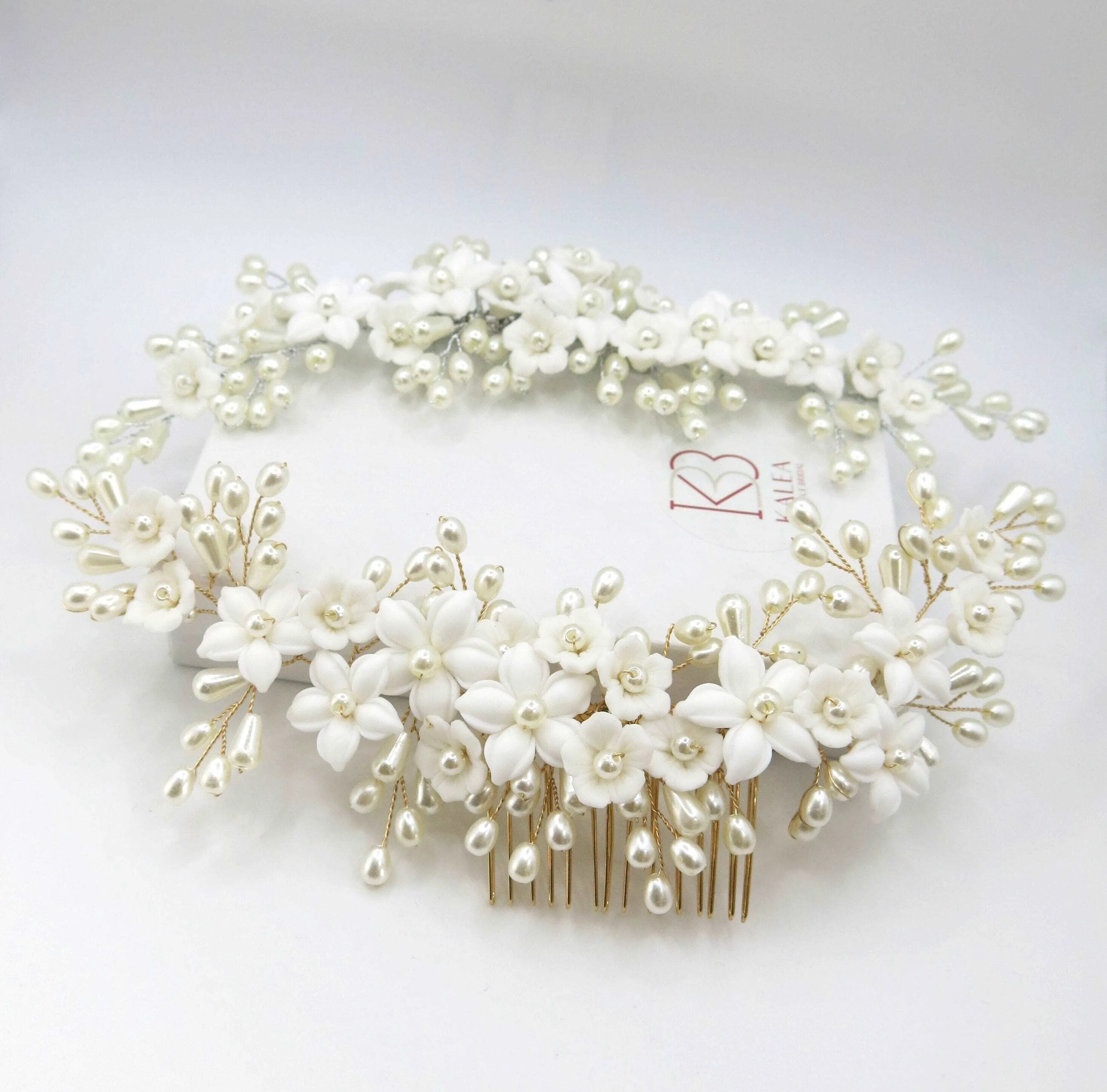 Bridal Porcelain Ceramic Floral Hairpiece, White Flower Bridal Pearl Hair Comb, Boho Wedding Floral Headpiece or Floral Pearl Earrings