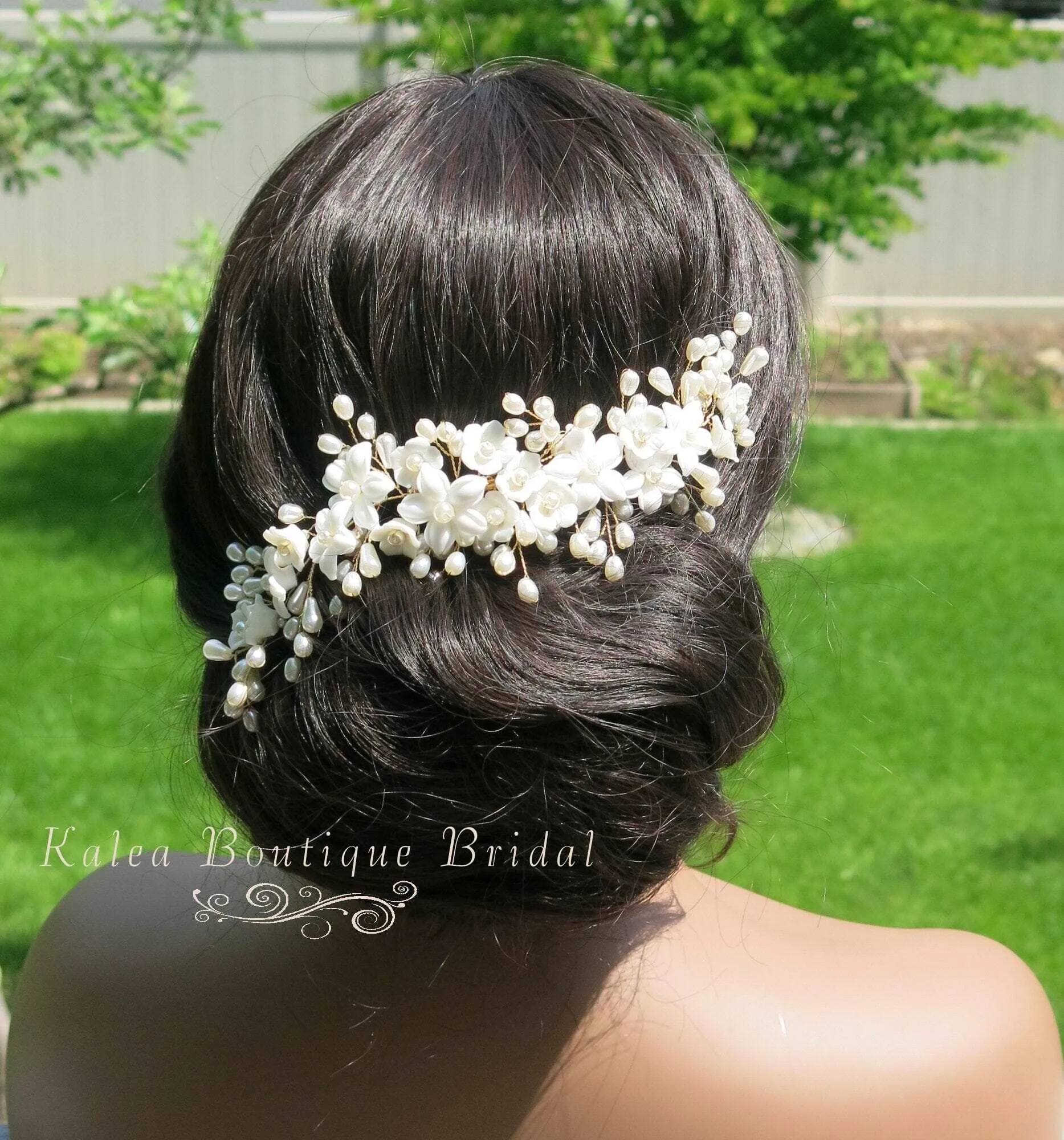 Bridal Porcelain Ceramic Floral Hairpiece, White Flower Bridal Pearl Hair Comb, Boho Wedding Floral Headpiece or Floral Pearl Earrings