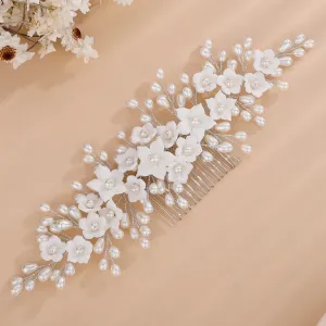 Bridal Porcelain Ceramic Floral Hairpiece, White Flower Bridal Pearl Hair Comb, Boho Wedding Floral Headpiece or Floral Pearl Earrings