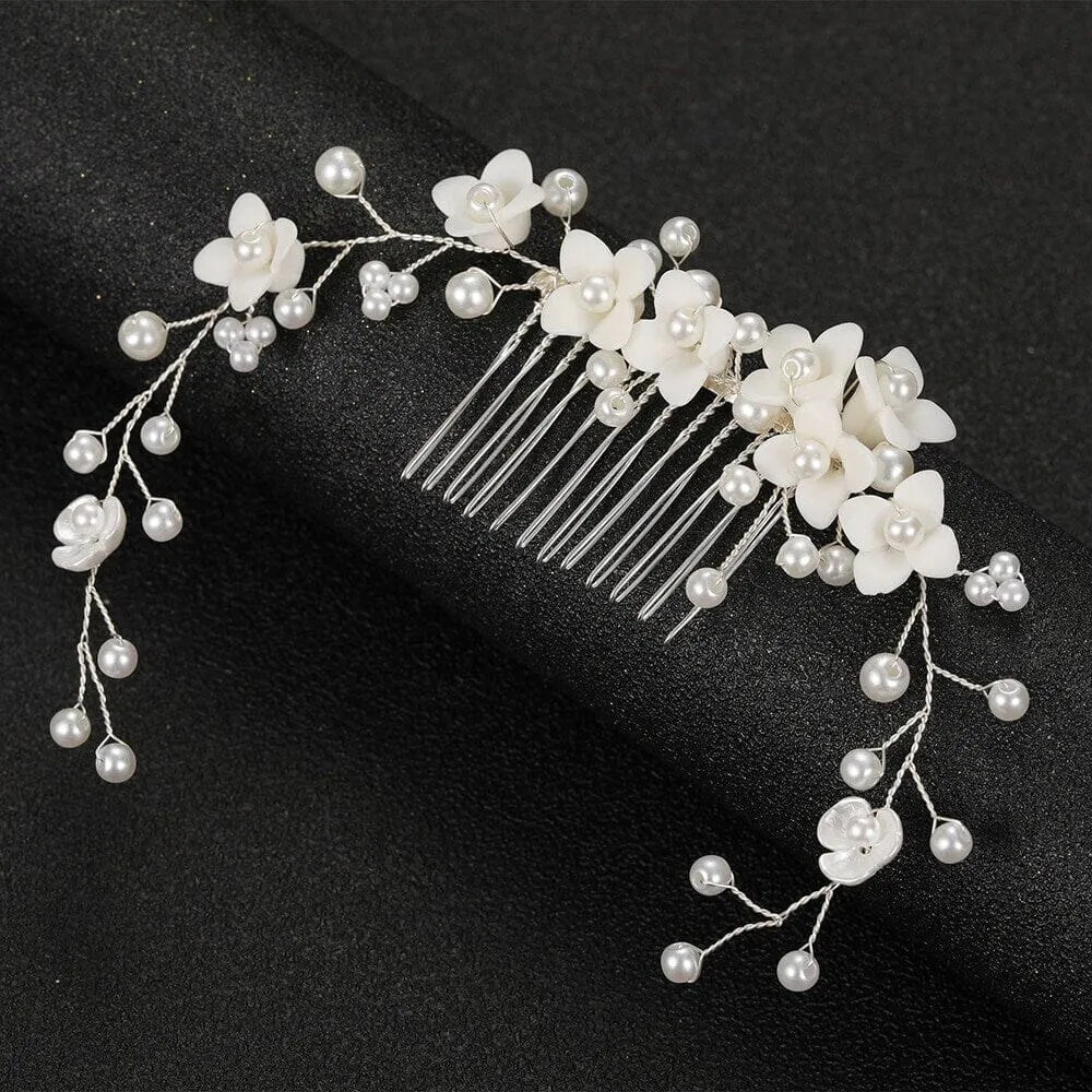 Bridal Porcelain Flower Hair Comb, White Flower Bridal Pearl Headpiece, Wedding Ceramic Floral Hair Comb Hairpiece or Floral Earrings